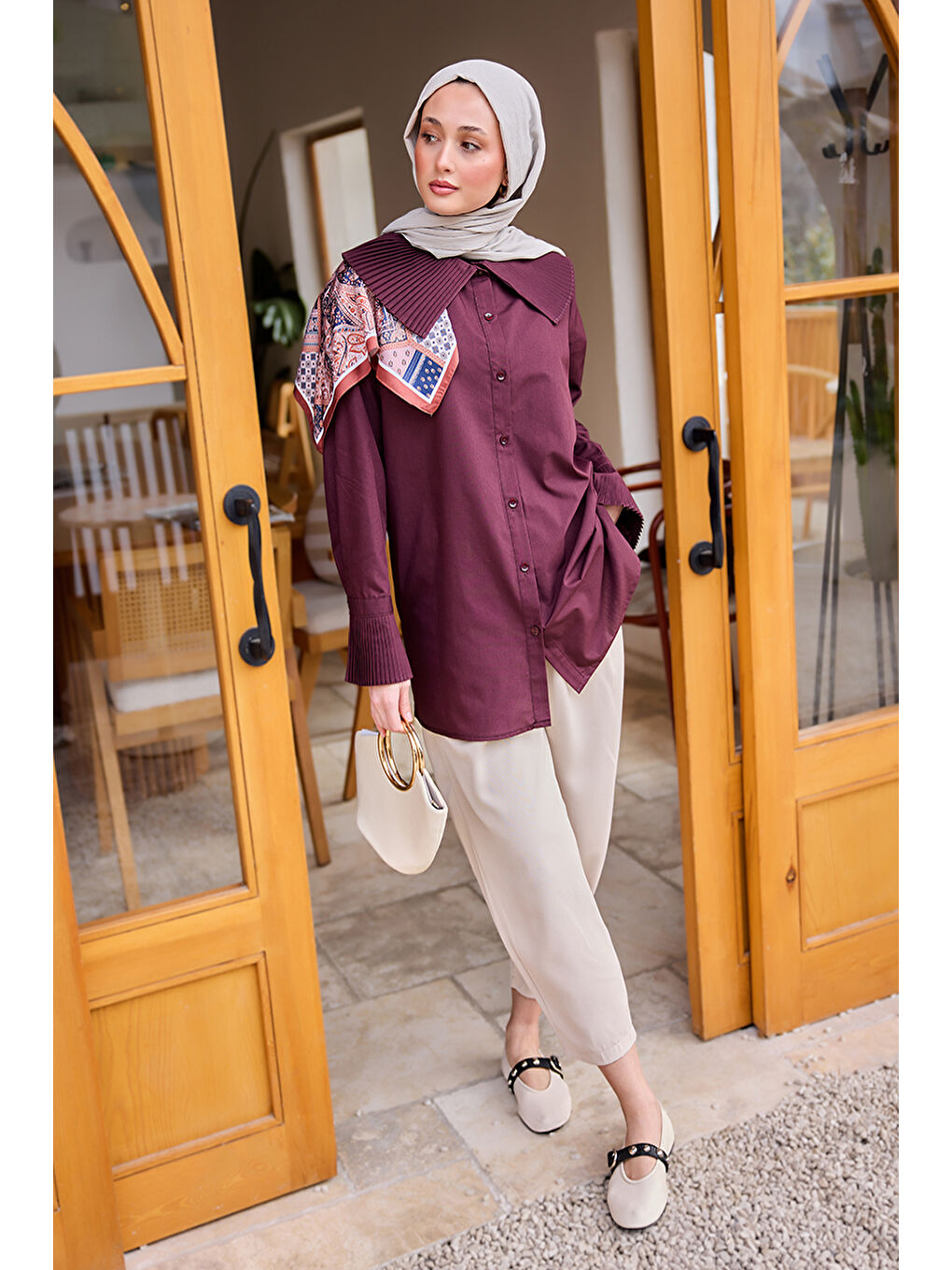 Kadın Gömlek Ve Kol Pilise Detaylı Gömlek Bordo-2