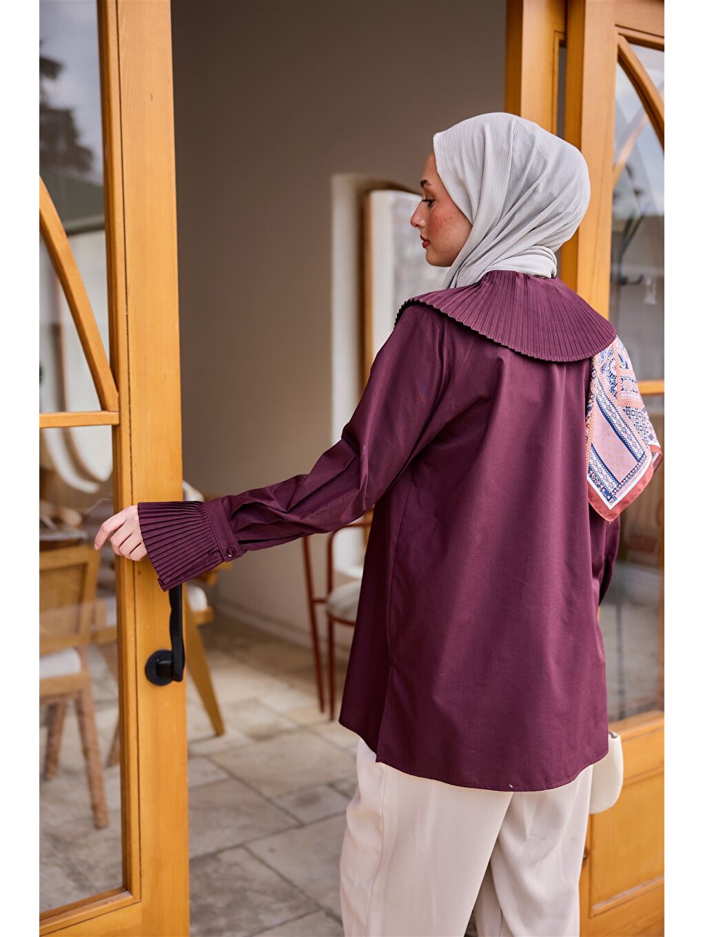 Kadın Gömlek Ve Kol Pilise Detaylı Gömlek Bordo-3