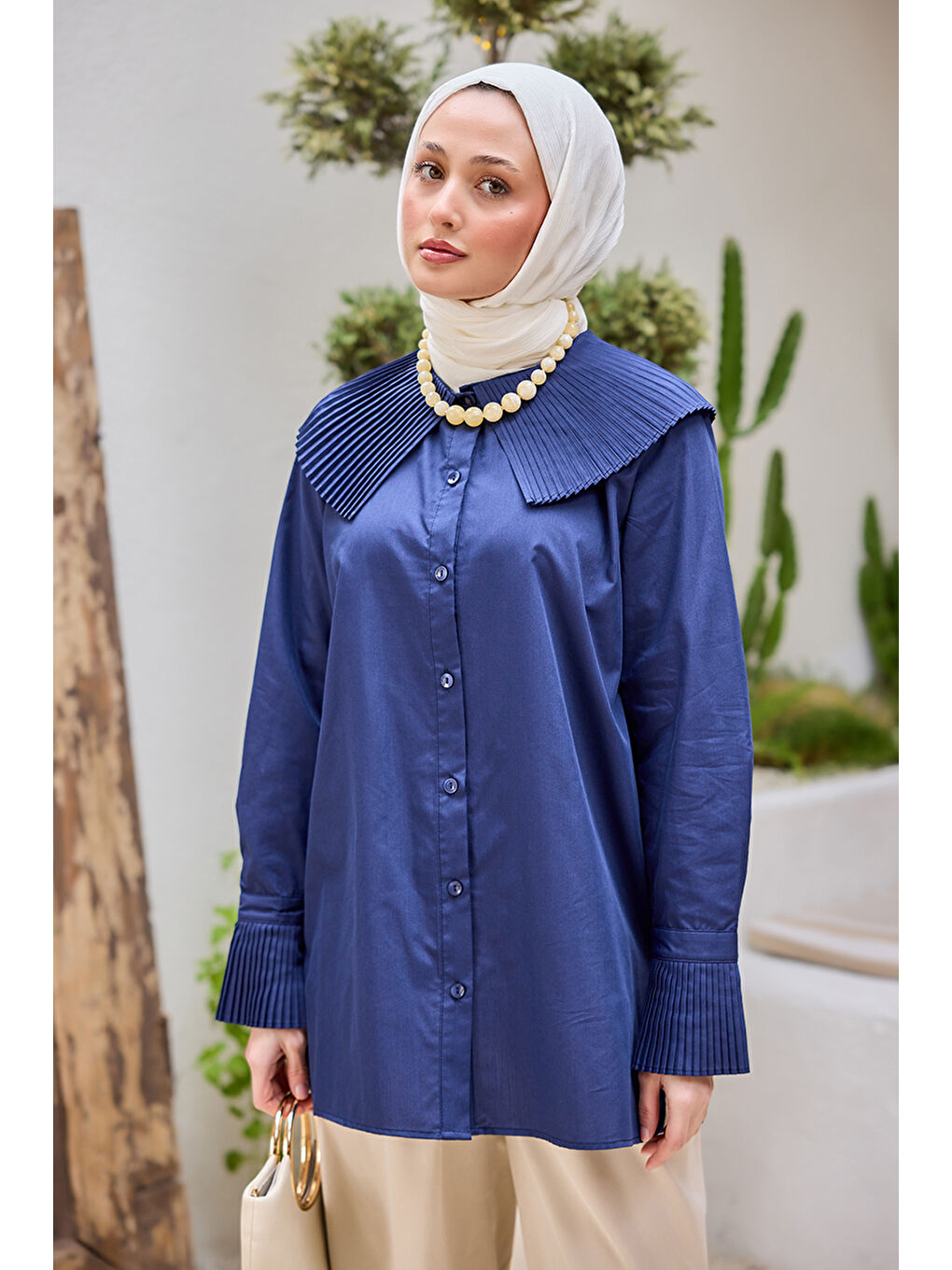 Kadın Gömlek Ve Kol Pilise Detaylı Gömlek Lacivert-1