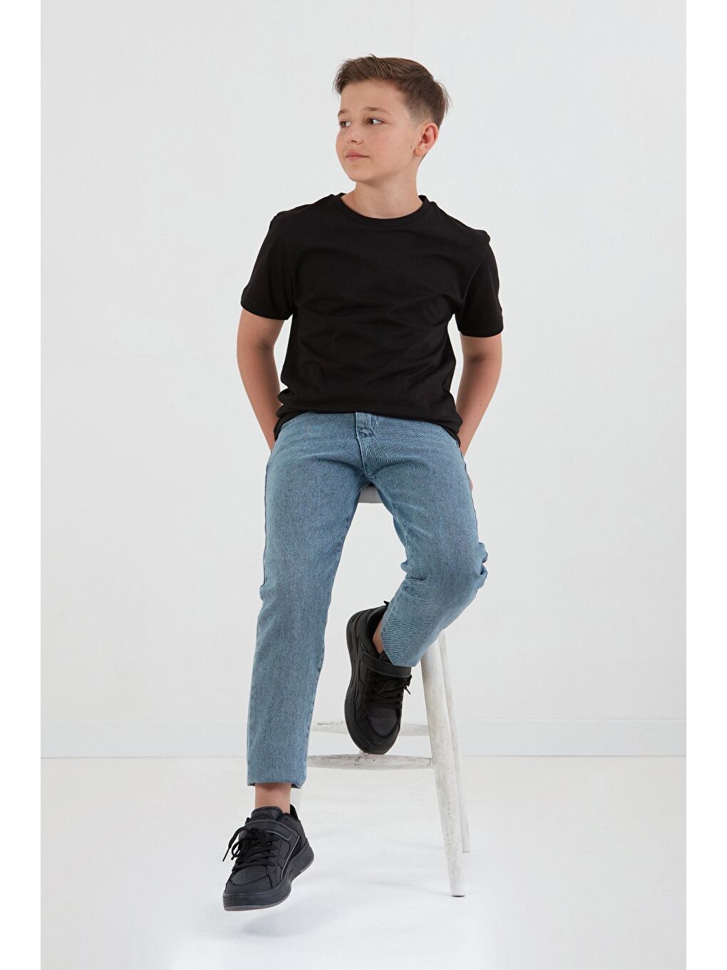 Siyah %100 Pamuk Basic Unisex Çocuk Tişört-1