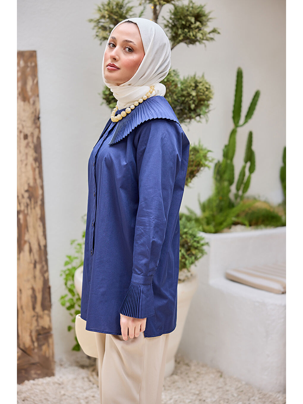 Kadın Gömlek Ve Kol Pilise Detaylı Gömlek Lacivert-2