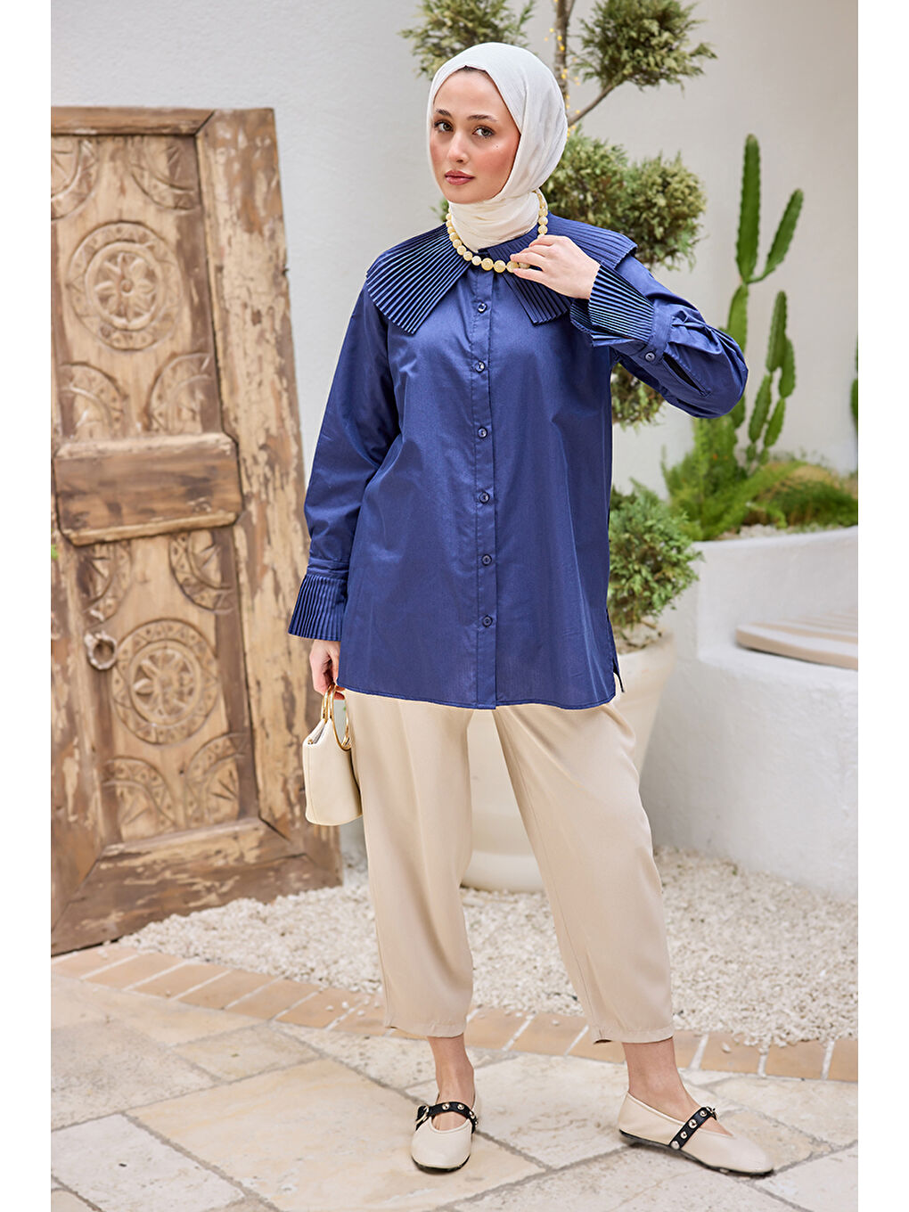 Kadın Gömlek Ve Kol Pilise Detaylı Gömlek Lacivert-3