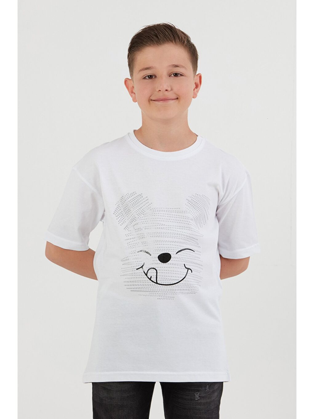 Beyaz Ayıcık Baskılı Bisiklet Yaka Erkek Çocuk Tişört-2