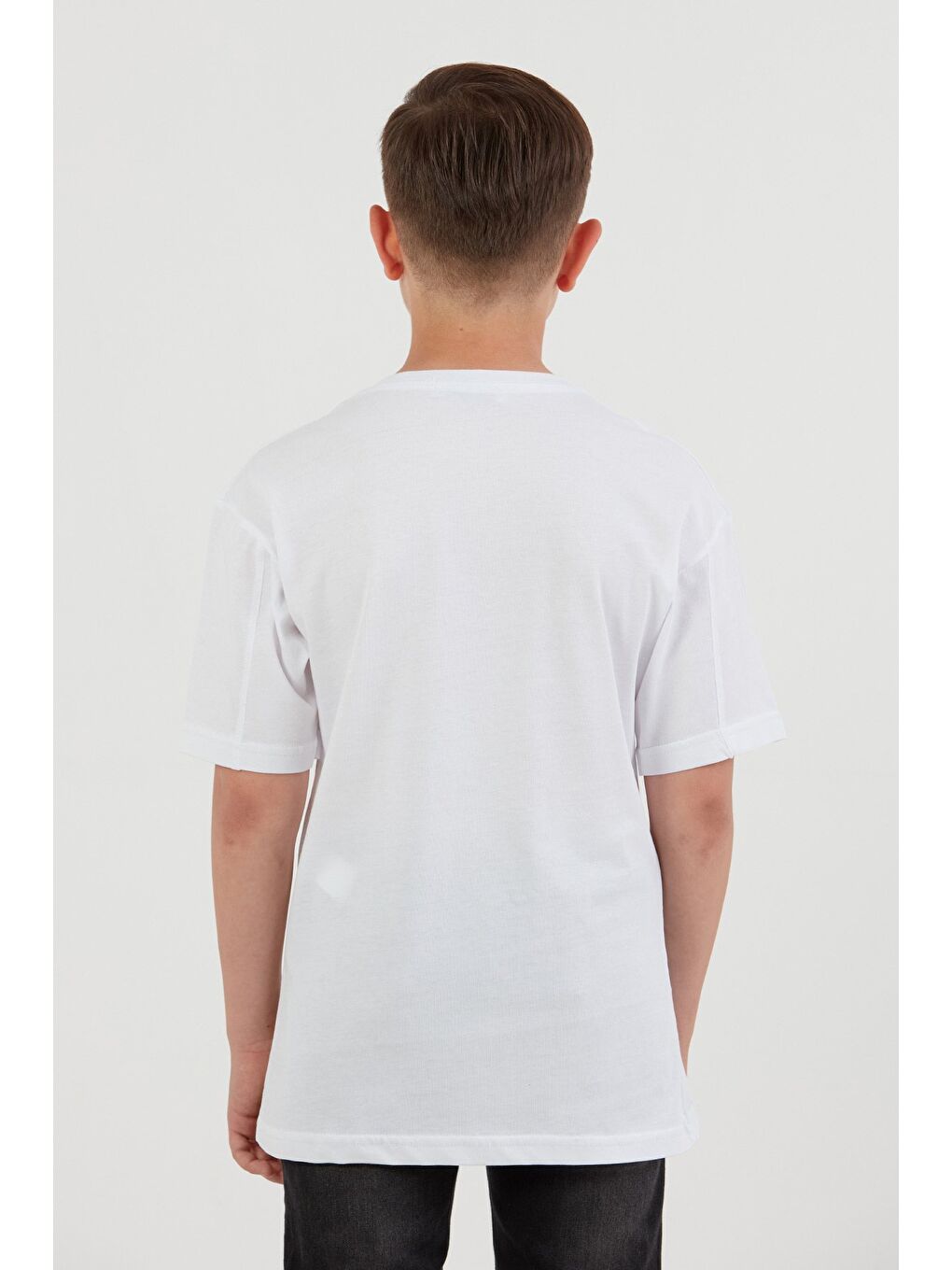 Beyaz Ayıcık Baskılı Bisiklet Yaka Erkek Çocuk Tişört-3