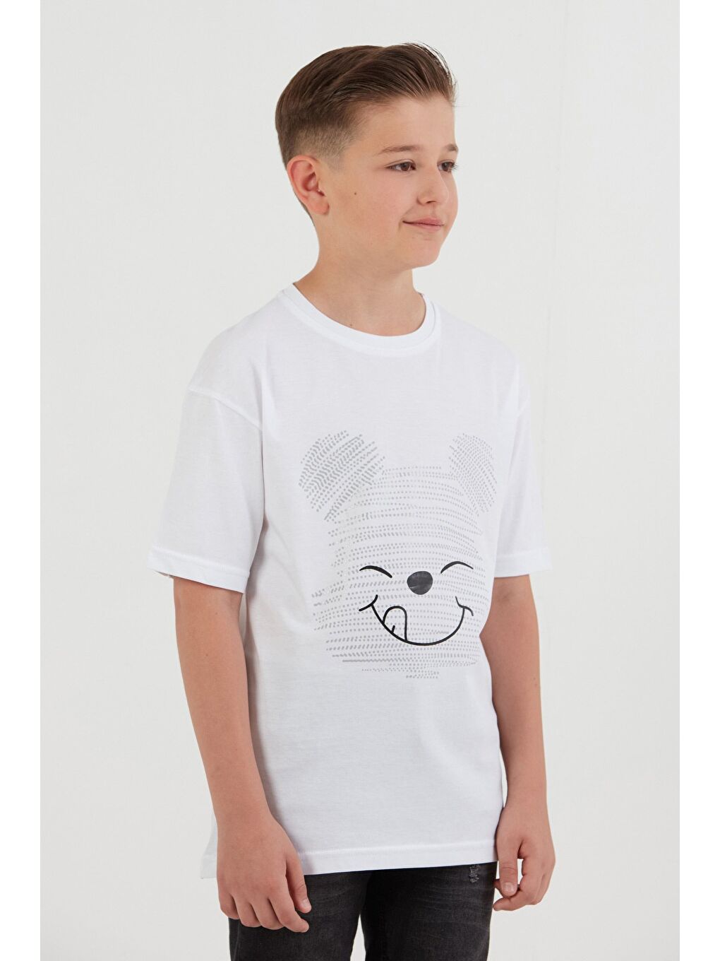 Beyaz Ayıcık Baskılı Bisiklet Yaka Erkek Çocuk Tişört-4
