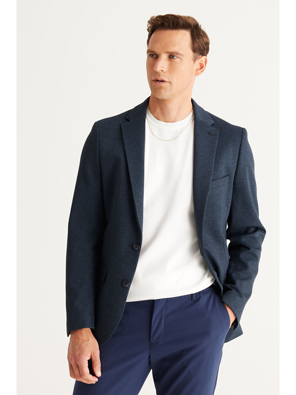 Erkek Siyah-Lacivert Slim Fit Dar Kesim Mono Yaka Diagonal Desenli Ceket