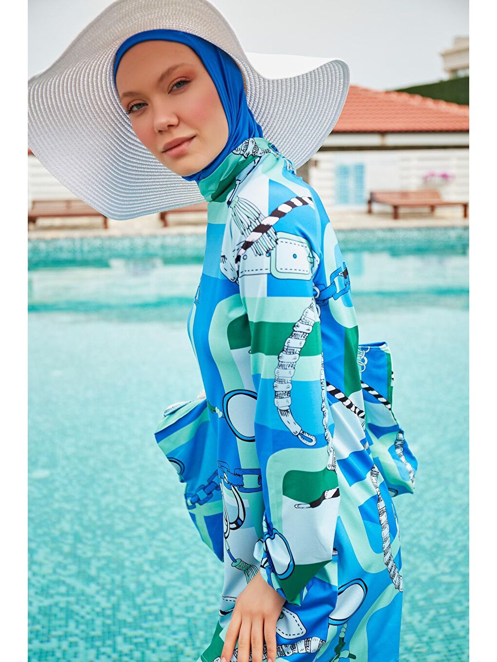 Mavi Saks Tam Kapalı Tesettür Mayo M2315-1