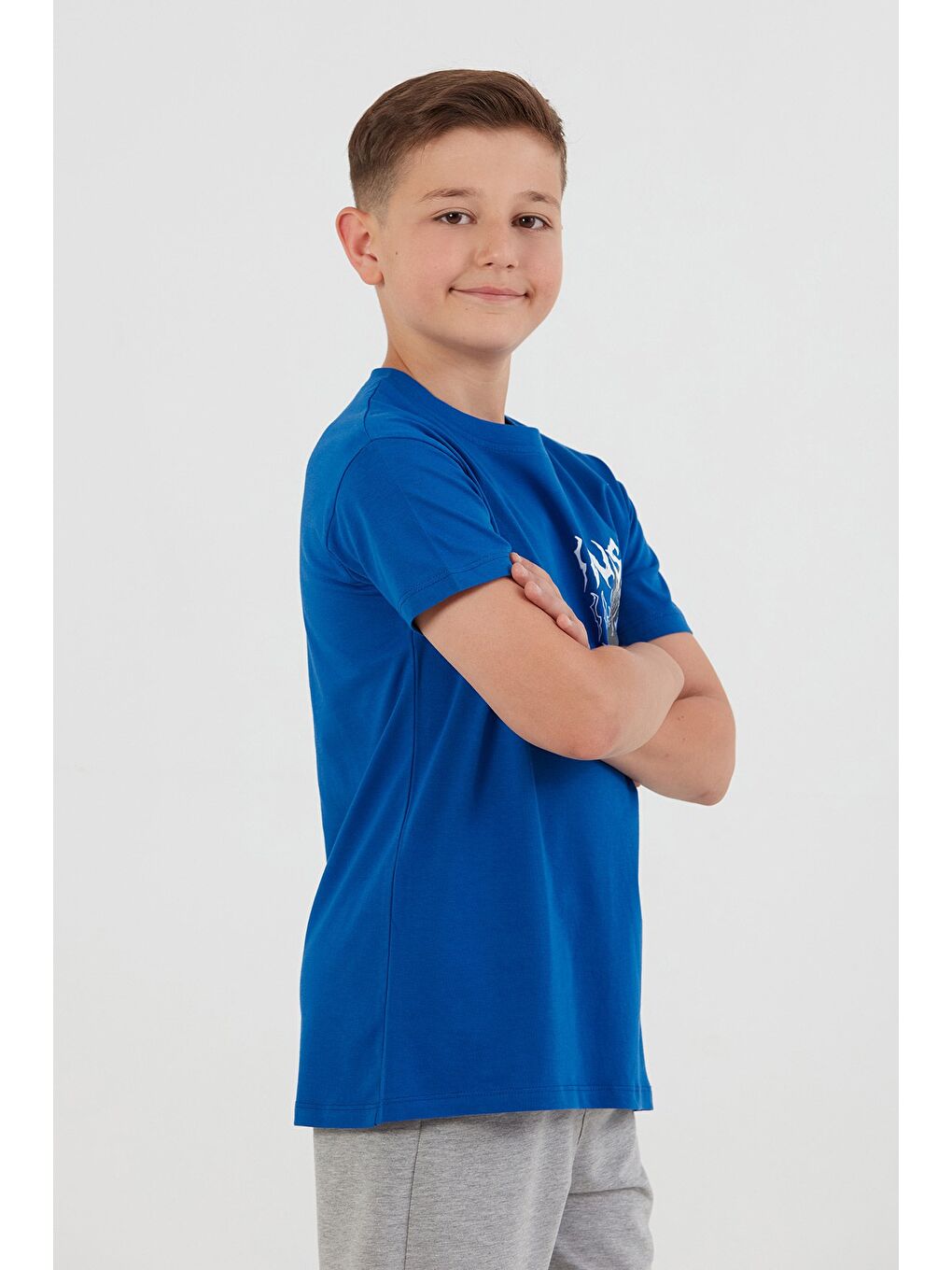 Mavi %100 Pamuk Gül Baskılı Erkek Çocuk Tişört-3