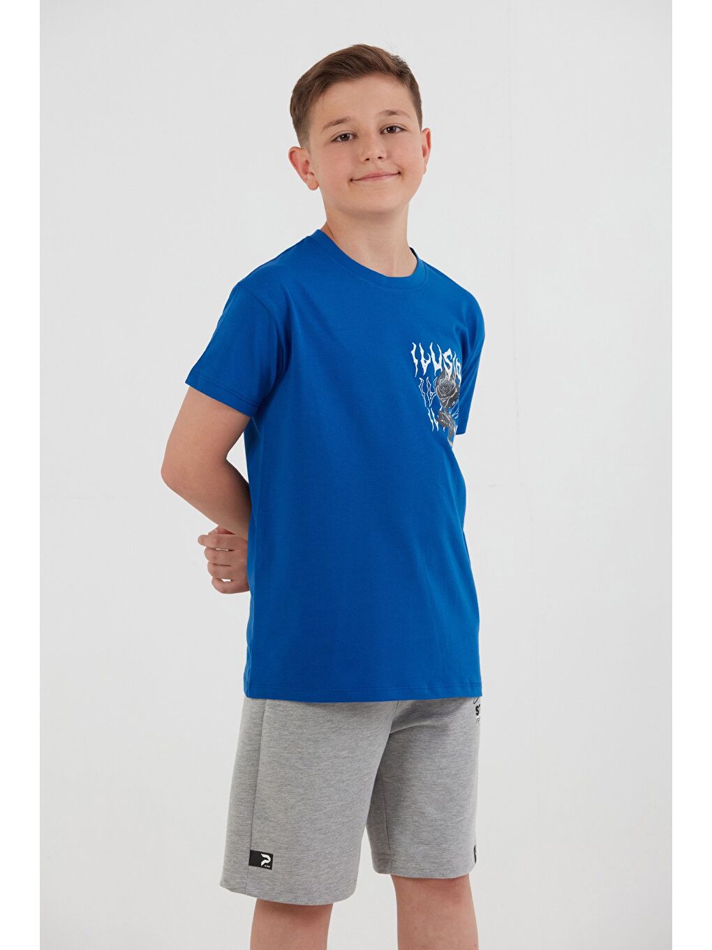 Mavi %100 Pamuk Gül Baskılı Erkek Çocuk Tişört-4