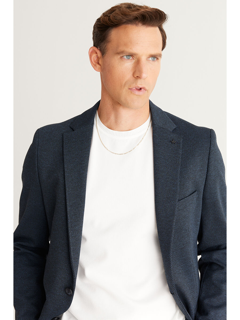 Erkek Siyah-Lacivert Slim Fit Dar Kesim Mono Yaka Diagonal Desenli Ceket-2