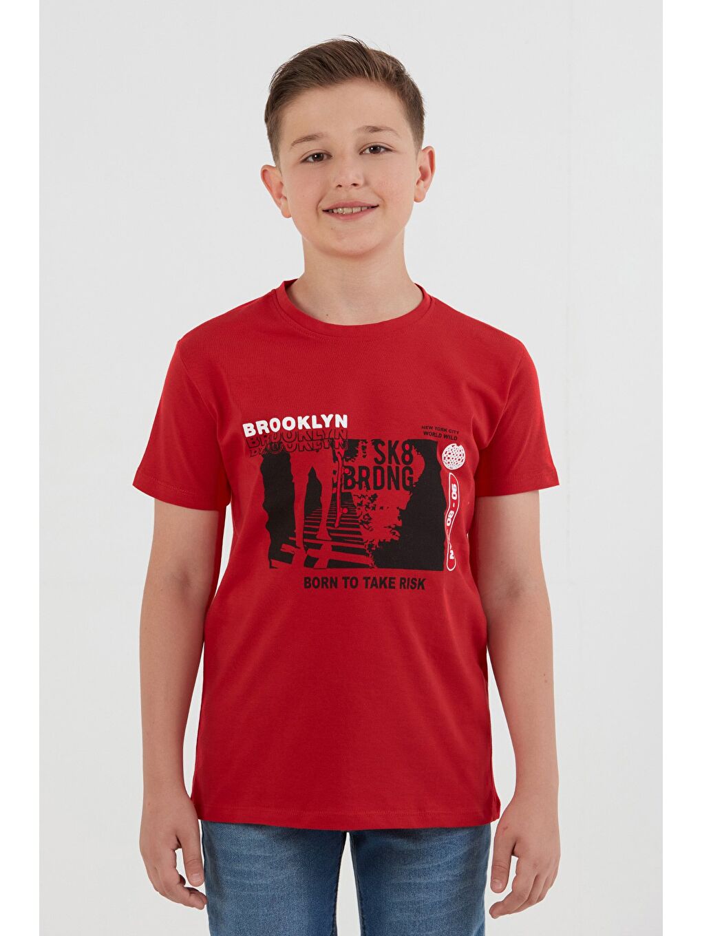 Kırmızı %100 Pamuk Brooklyn Baskılı Erkek Çocuk Tişört-1