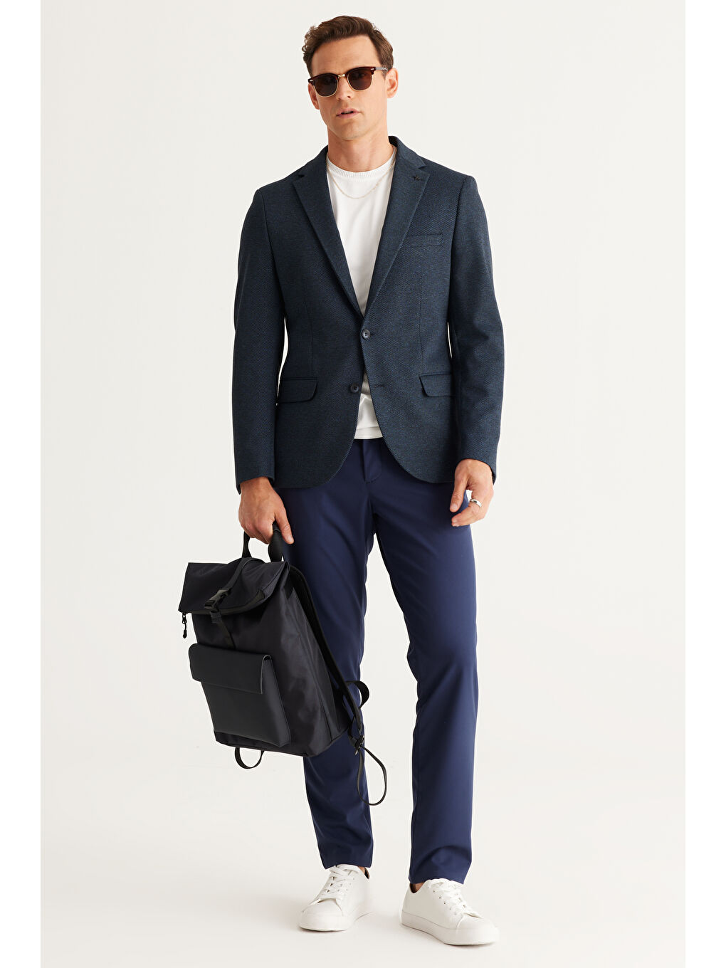 Erkek Siyah-Lacivert Slim Fit Dar Kesim Mono Yaka Diagonal Desenli Ceket-4