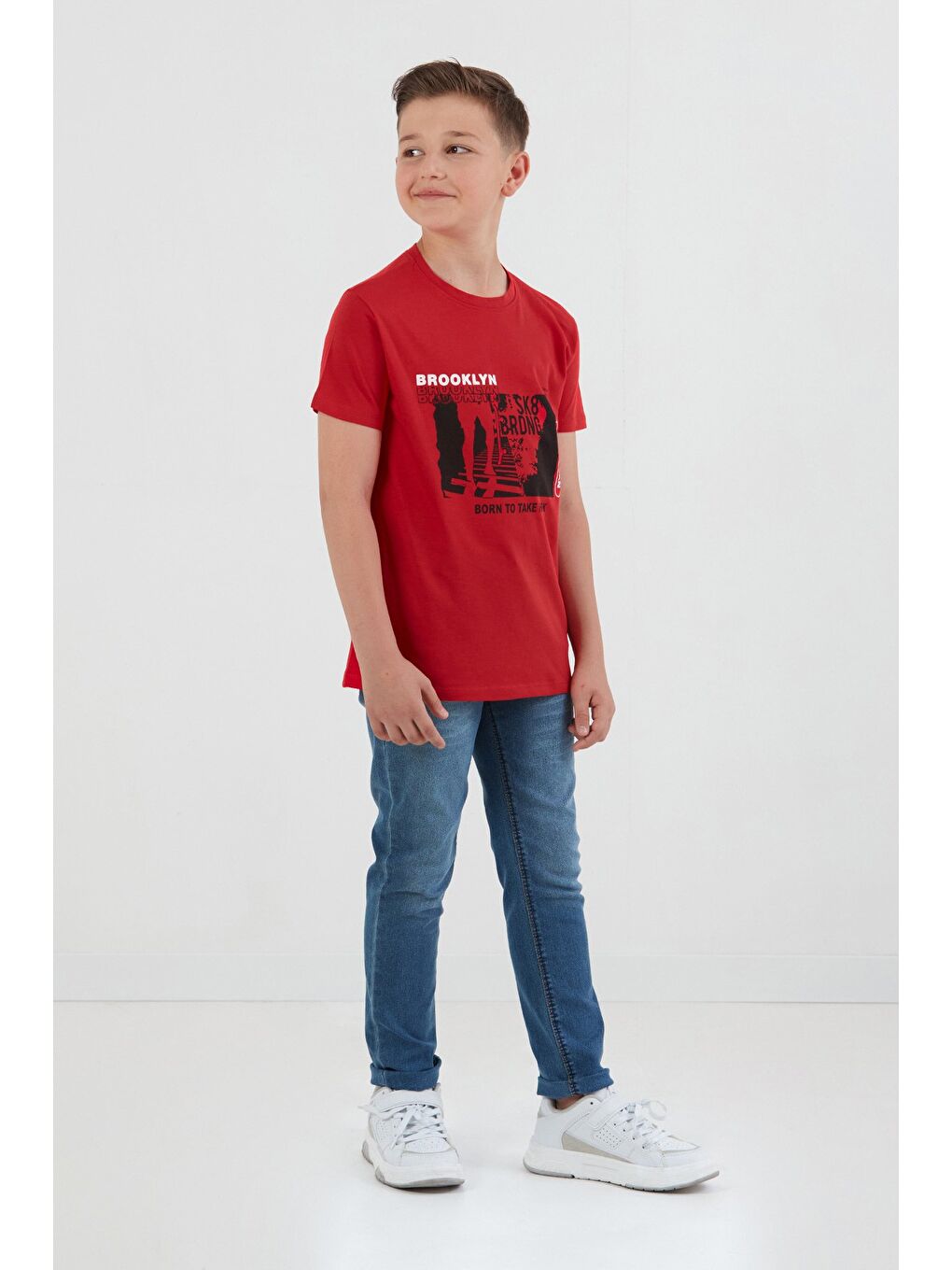 Kırmızı %100 Pamuk Brooklyn Baskılı Erkek Çocuk Tişört-3