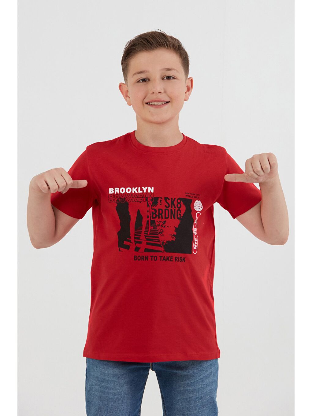 Kırmızı %100 Pamuk Brooklyn Baskılı Erkek Çocuk Tişört-4