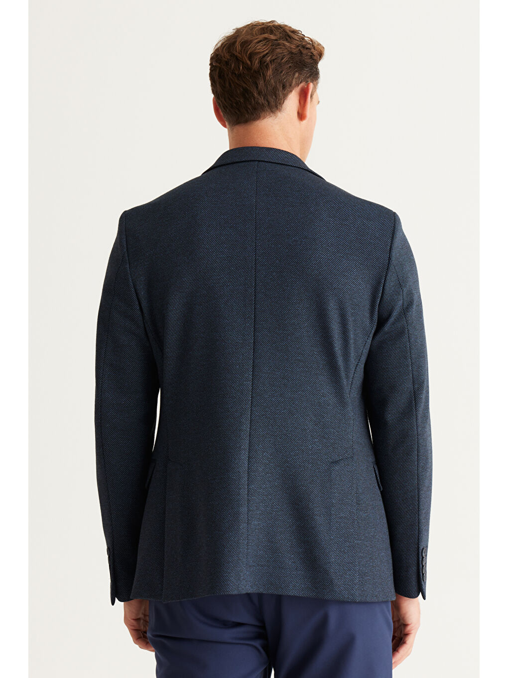 Erkek Siyah-Lacivert Slim Fit Dar Kesim Mono Yaka Diagonal Desenli Ceket-5