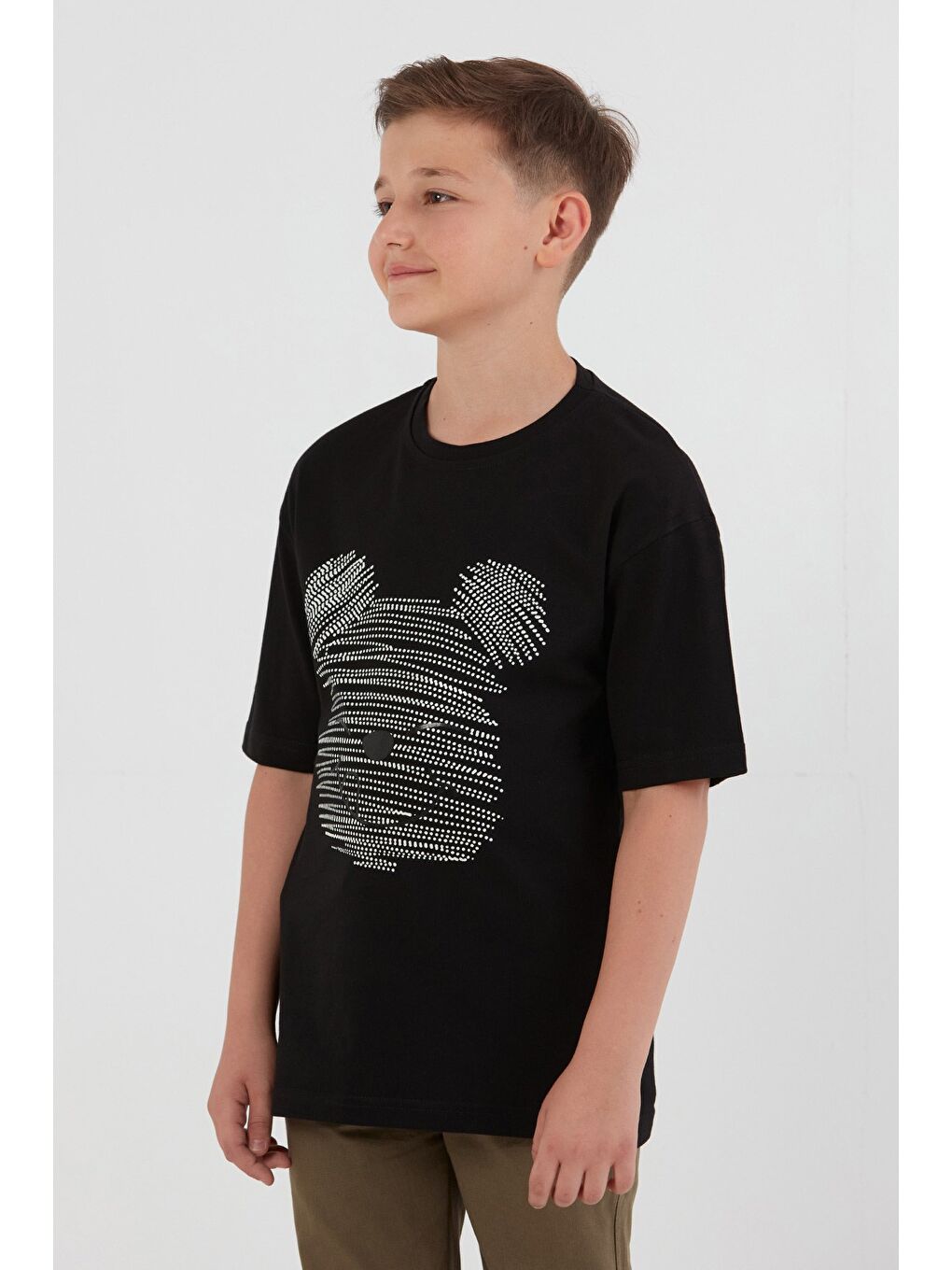 Siyah Ayıcık Baskılı Bisiklet Yaka Erkek Çocuk Tişört-1