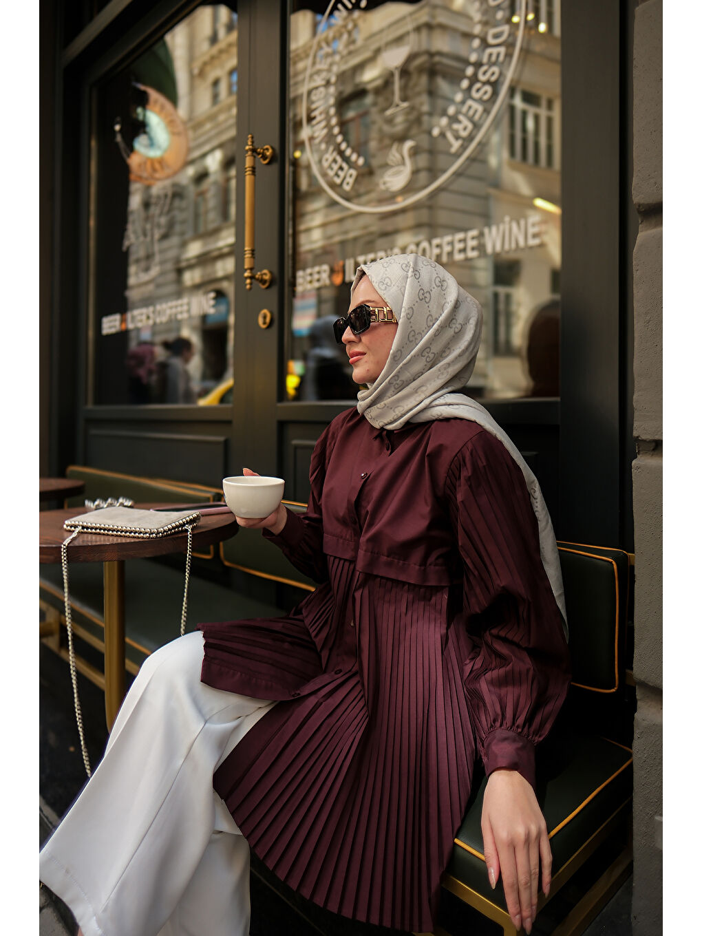 Kadın Eteği Pileli Gömlek Bordo-2