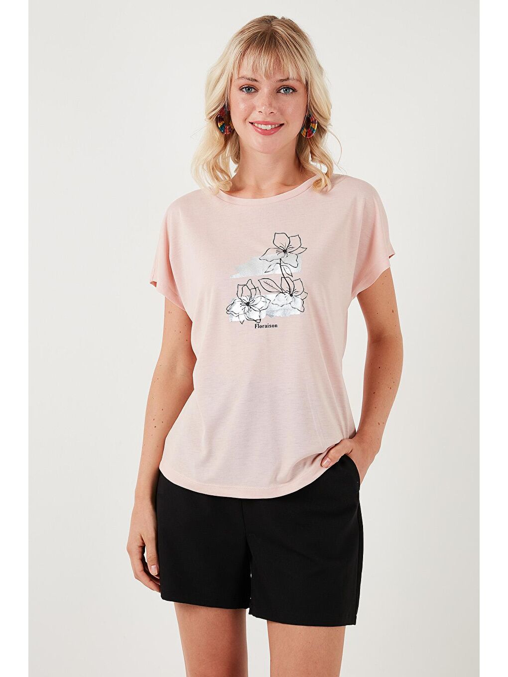 Lela Pudra Pembe Baskılı Bisiklet Yaka Regular Fit T Shirt 6671005