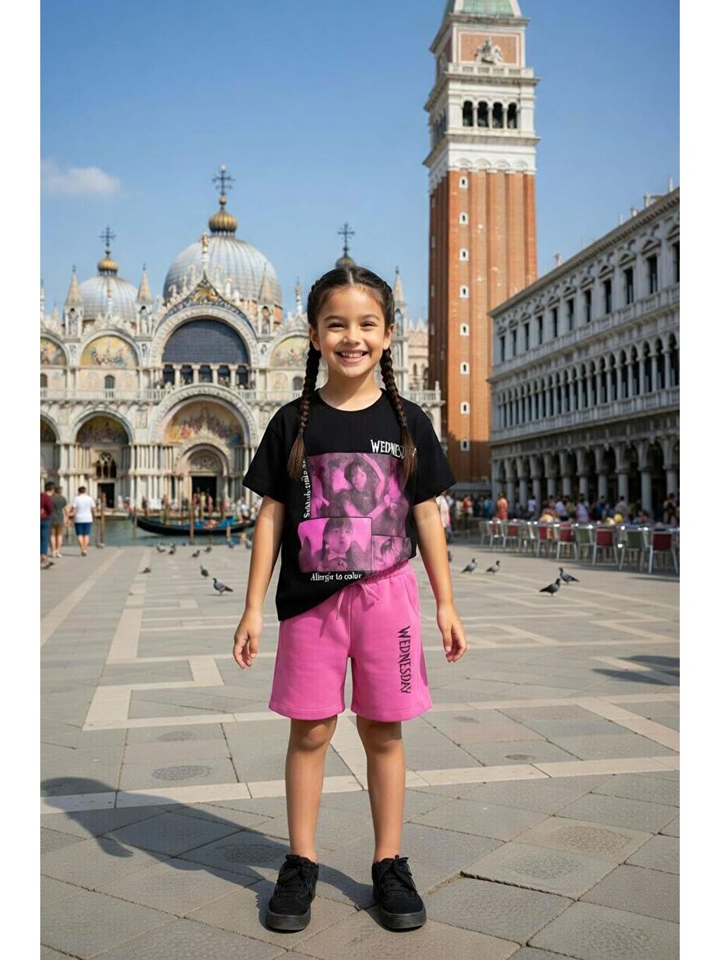 Kız Çocuk Üzeri Yazı ve Wednesday Karakter Baskılı T-Shirt Mor Şortlu Takım