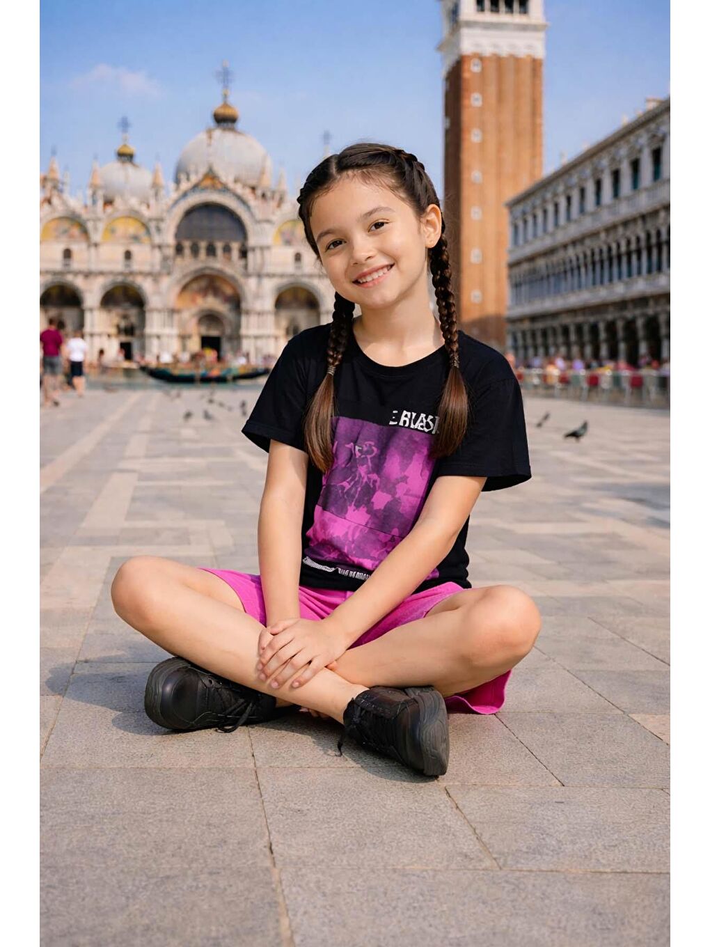 Kız Çocuk Üzeri Yazı ve Wednesday Karakter Baskılı T-Shirt Mor Şortlu Takım-1