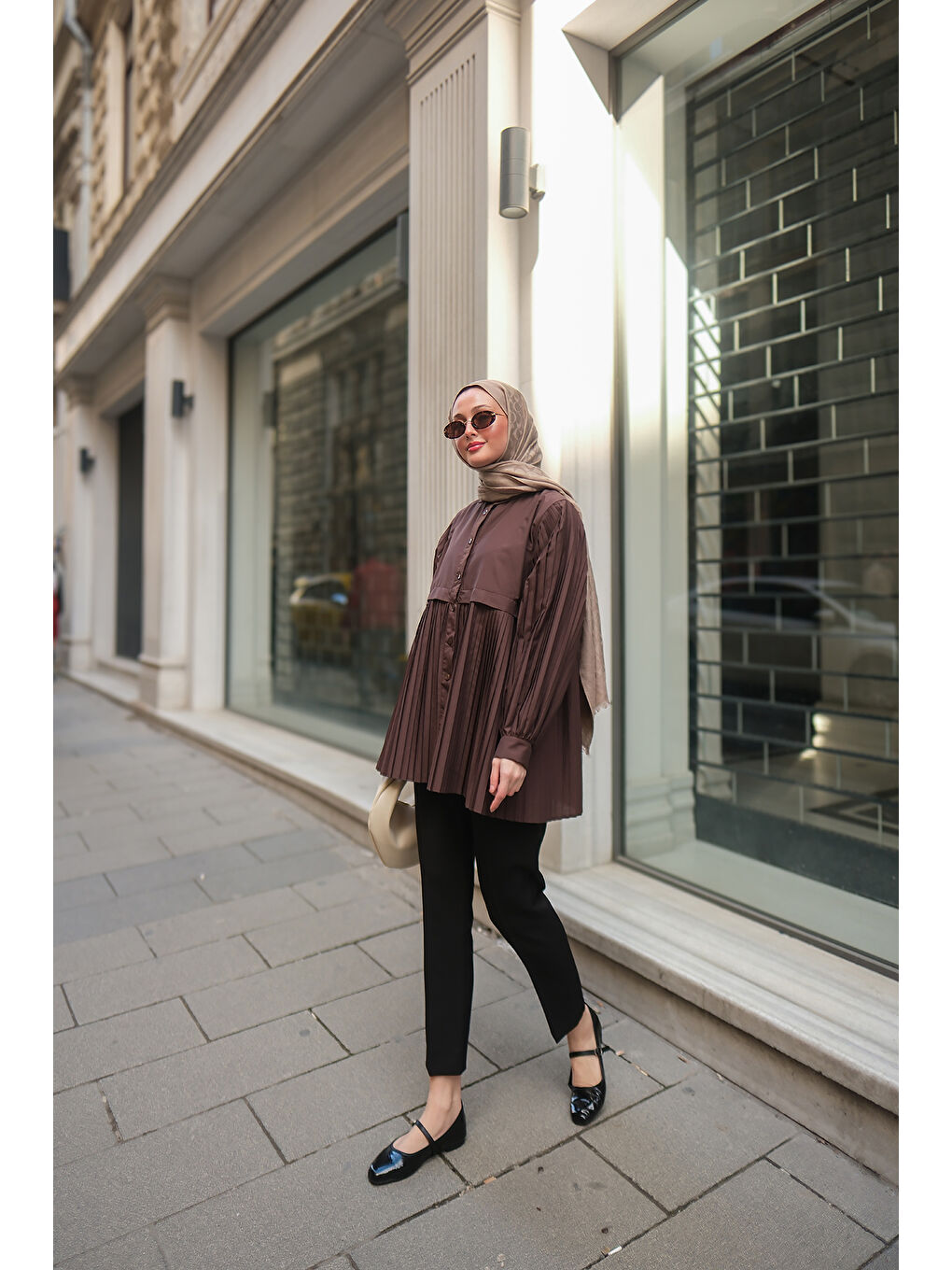 Locco Moda Kadın Eteği Pileli Gömlek Kahverengi