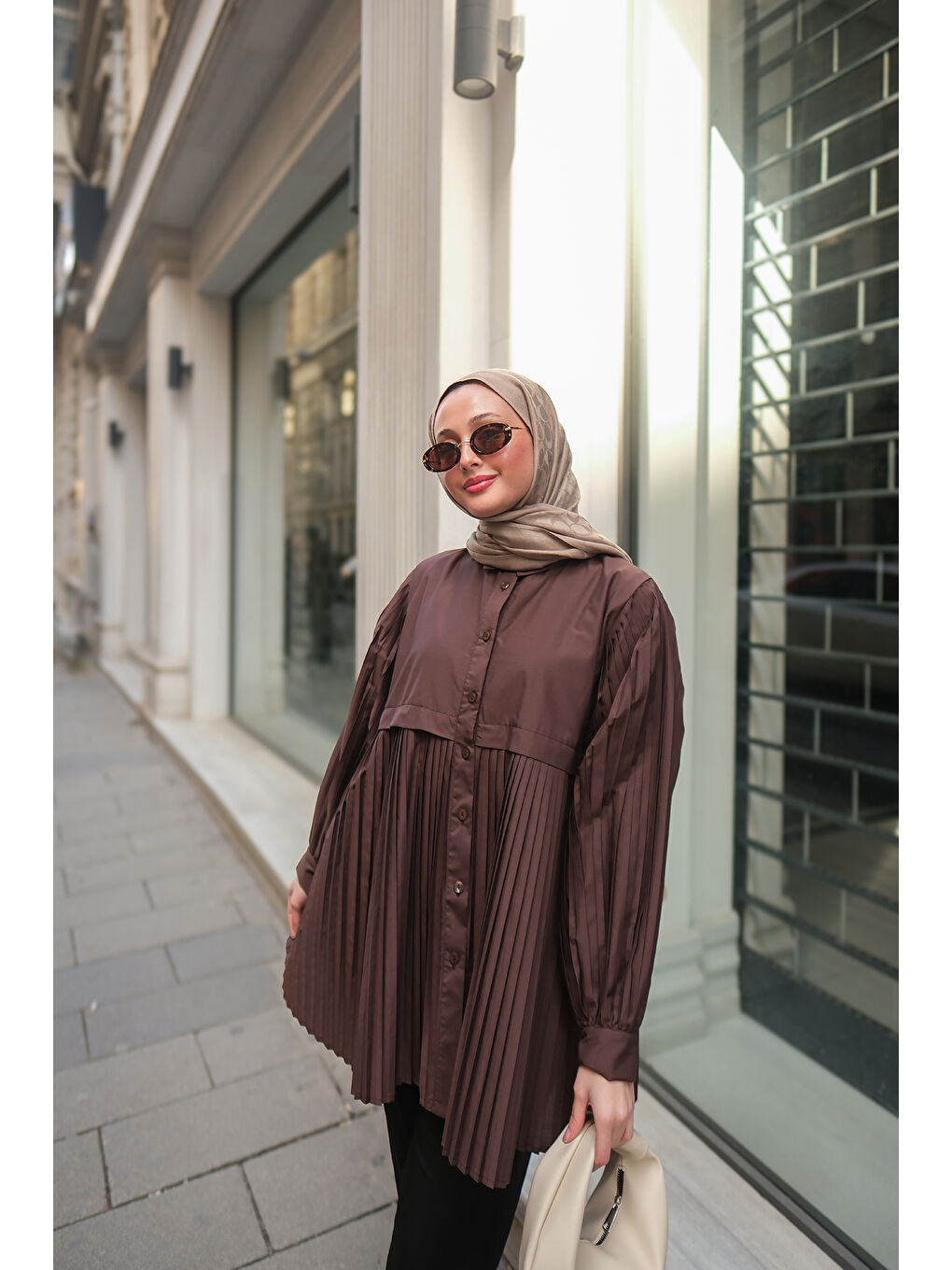 Locco Moda Kadın Eteği Pileli Gömlek Kahverengi - 4
