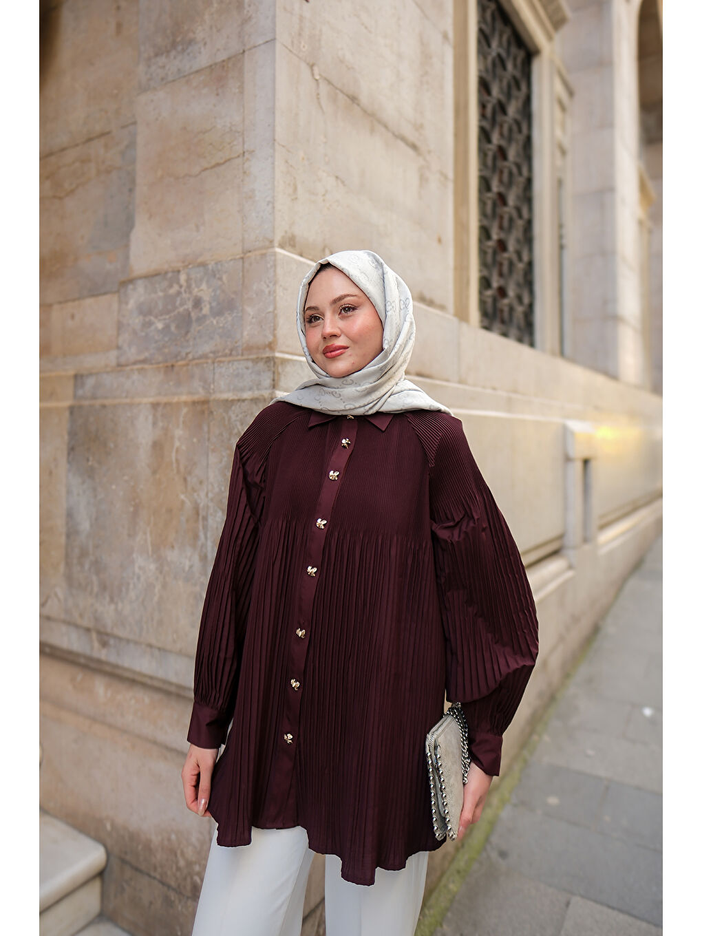 Kadın Gold Düğme Ve Piliseli Gömlek Bordo-2