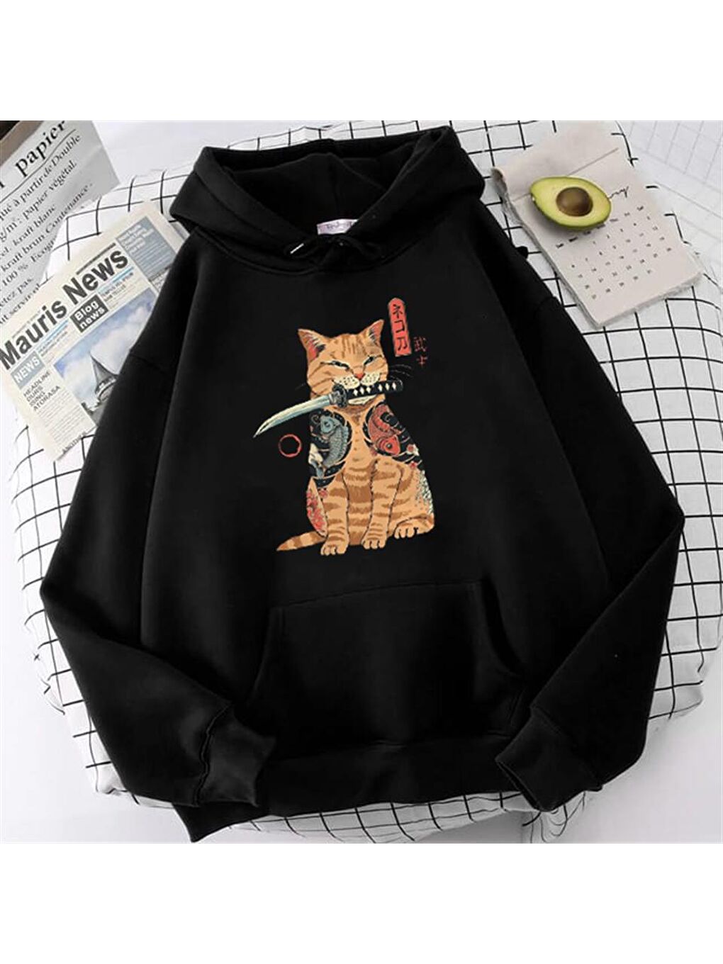 Touz Moda Siyah Killer Cat Baskılı Siyah Unisex Oversize Kapüşonlu Sweatshirt - 1