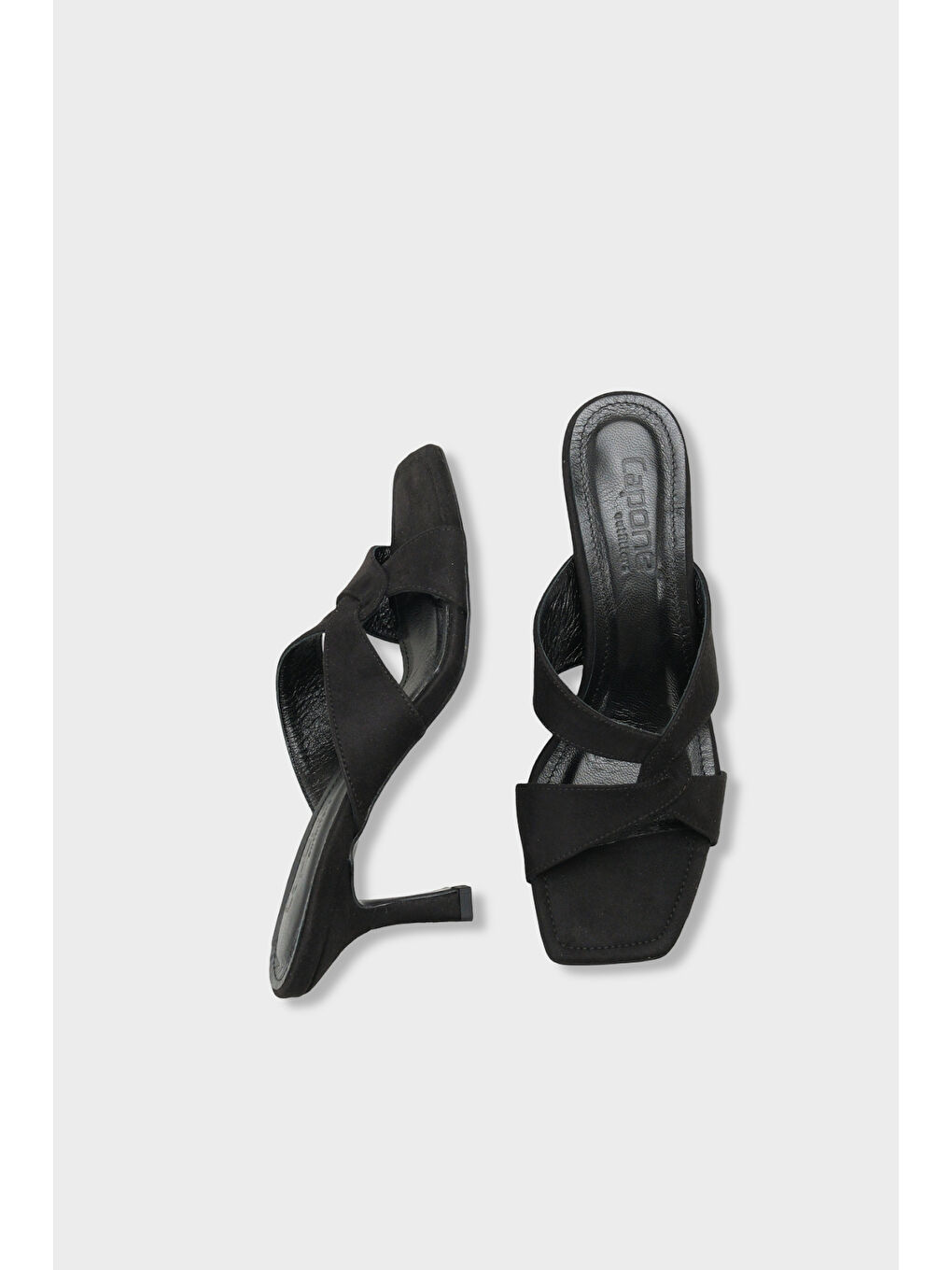 Siyah Sissy Hakiki Deri Astarlı Küt Burunlu Çapraz Bantlı Orta Topuklu Kadın Terlik-4