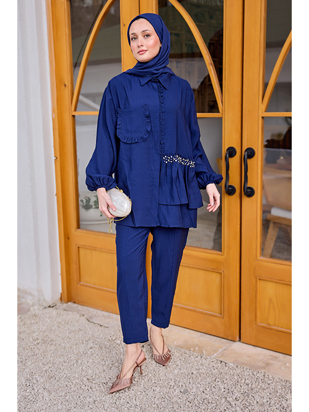Kadın Cebi Taş Detaylı Takım Lacivert
