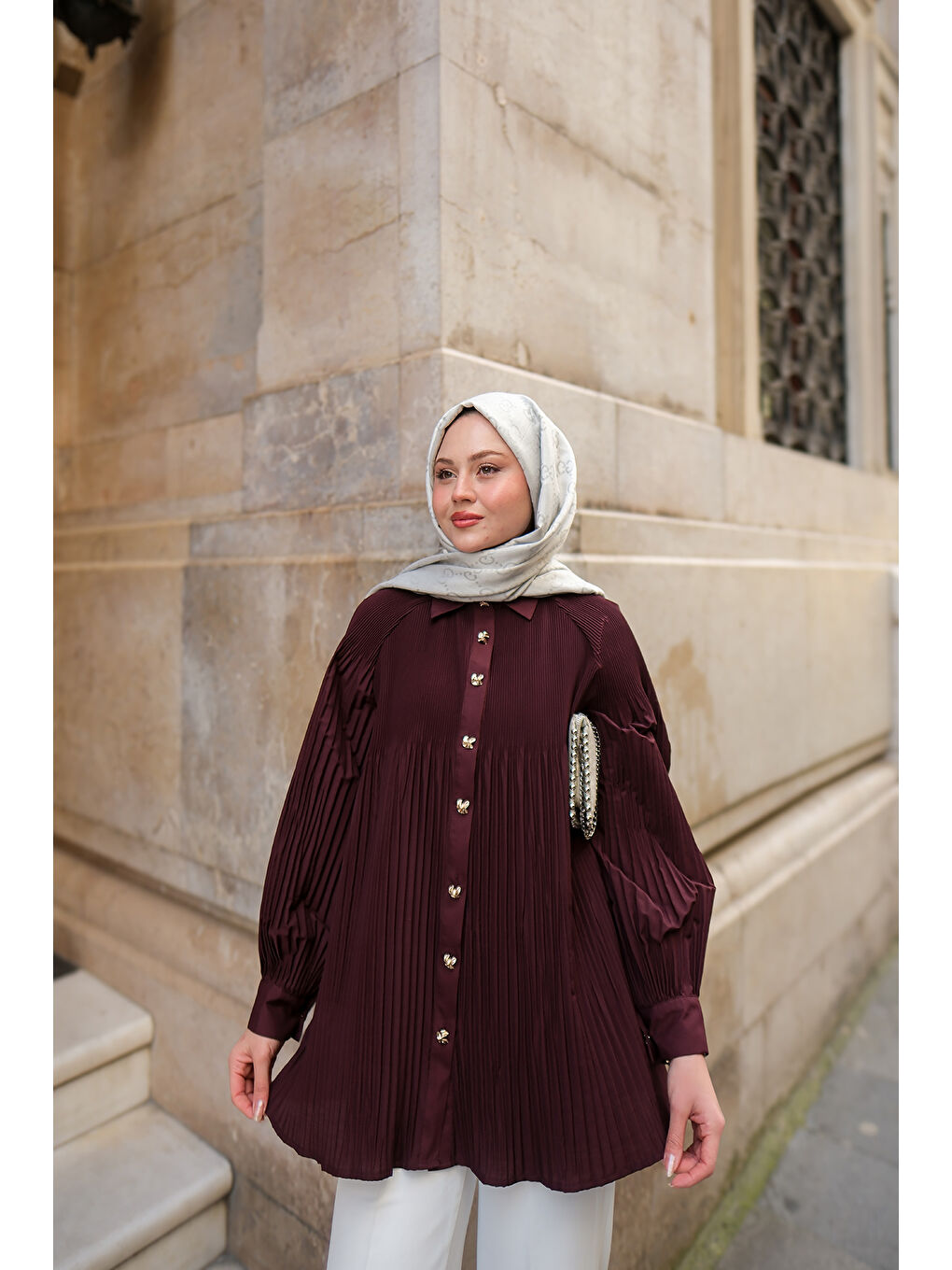 Kadın Gold Düğme Ve Piliseli Gömlek Bordo-4