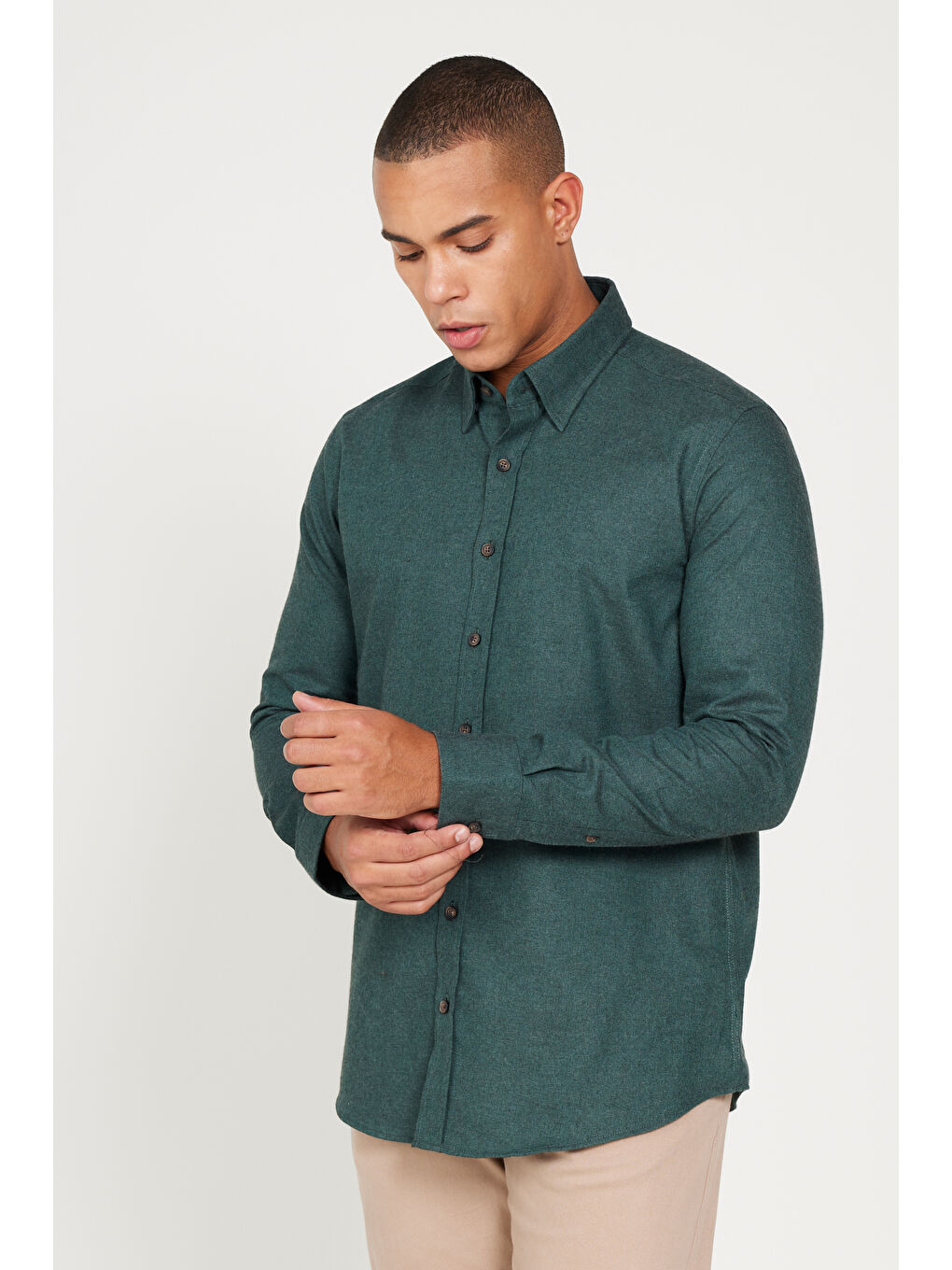 Erkek Koyu Yeşil Recycle Slim Fit Dar Kesim Gizli Düğmeli Yaka Pamuklu Flanel Oduncu Gömlek