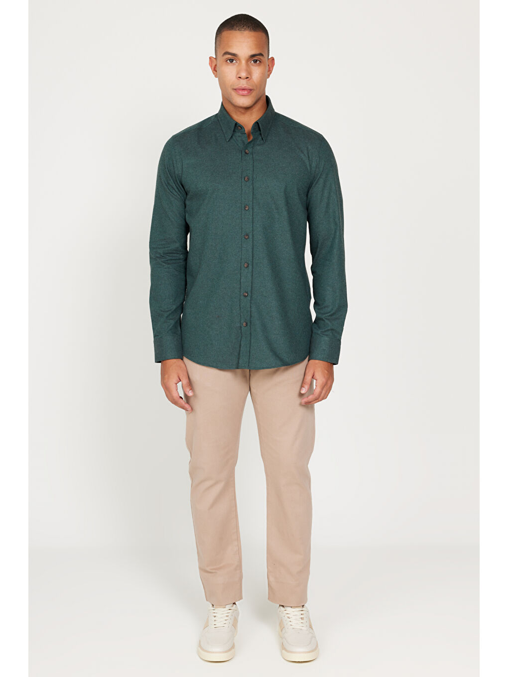 Erkek Koyu Yeşil Recycle Slim Fit Dar Kesim Gizli Düğmeli Yaka Pamuklu Flanel Oduncu Gömlek-1