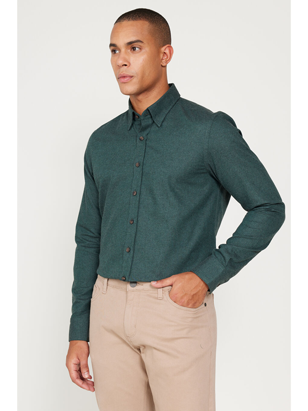 Erkek Koyu Yeşil Recycle Slim Fit Dar Kesim Gizli Düğmeli Yaka Pamuklu Flanel Oduncu Gömlek-2