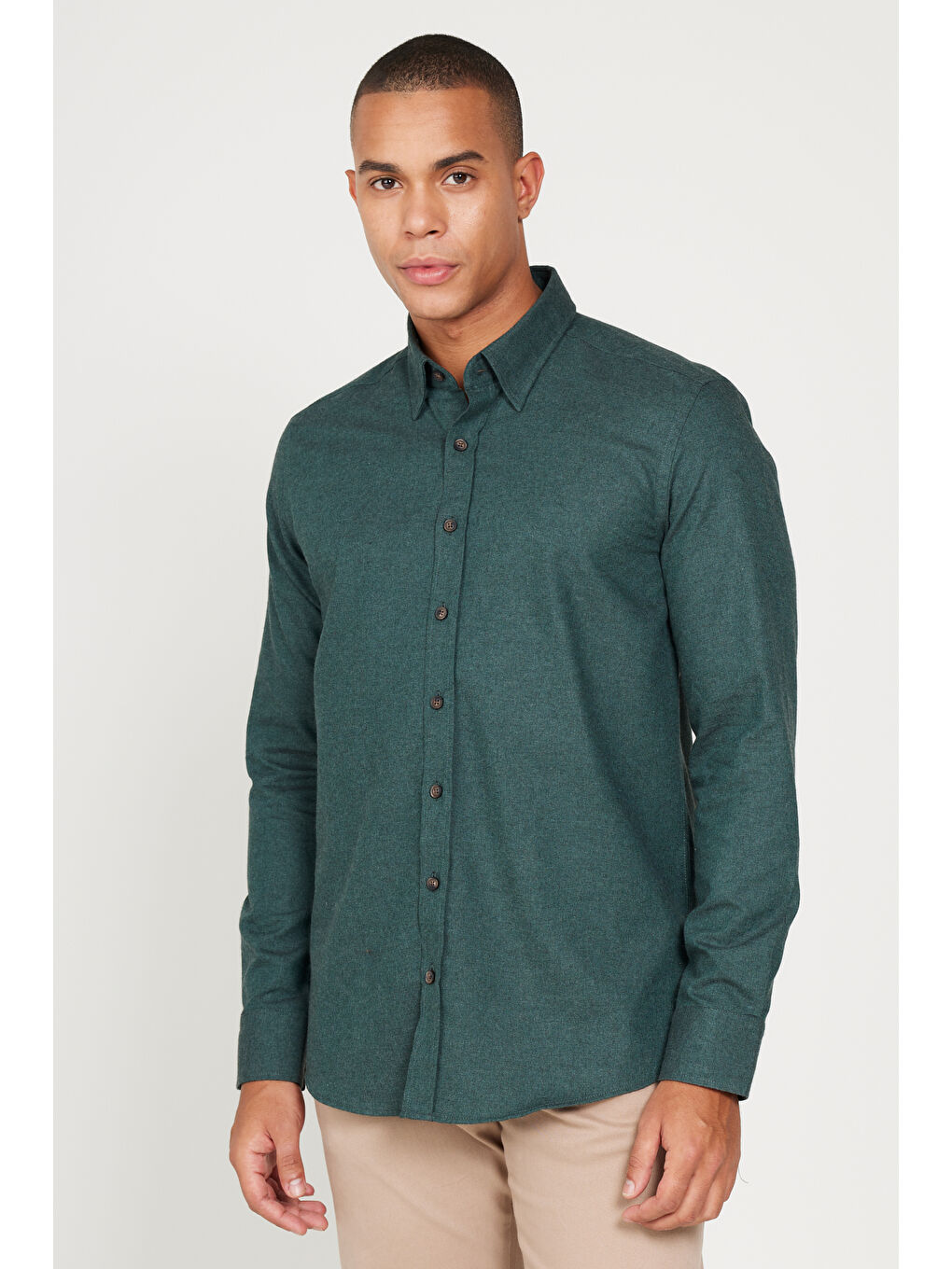 Erkek Koyu Yeşil Recycle Slim Fit Dar Kesim Gizli Düğmeli Yaka Pamuklu Flanel Oduncu Gömlek-3