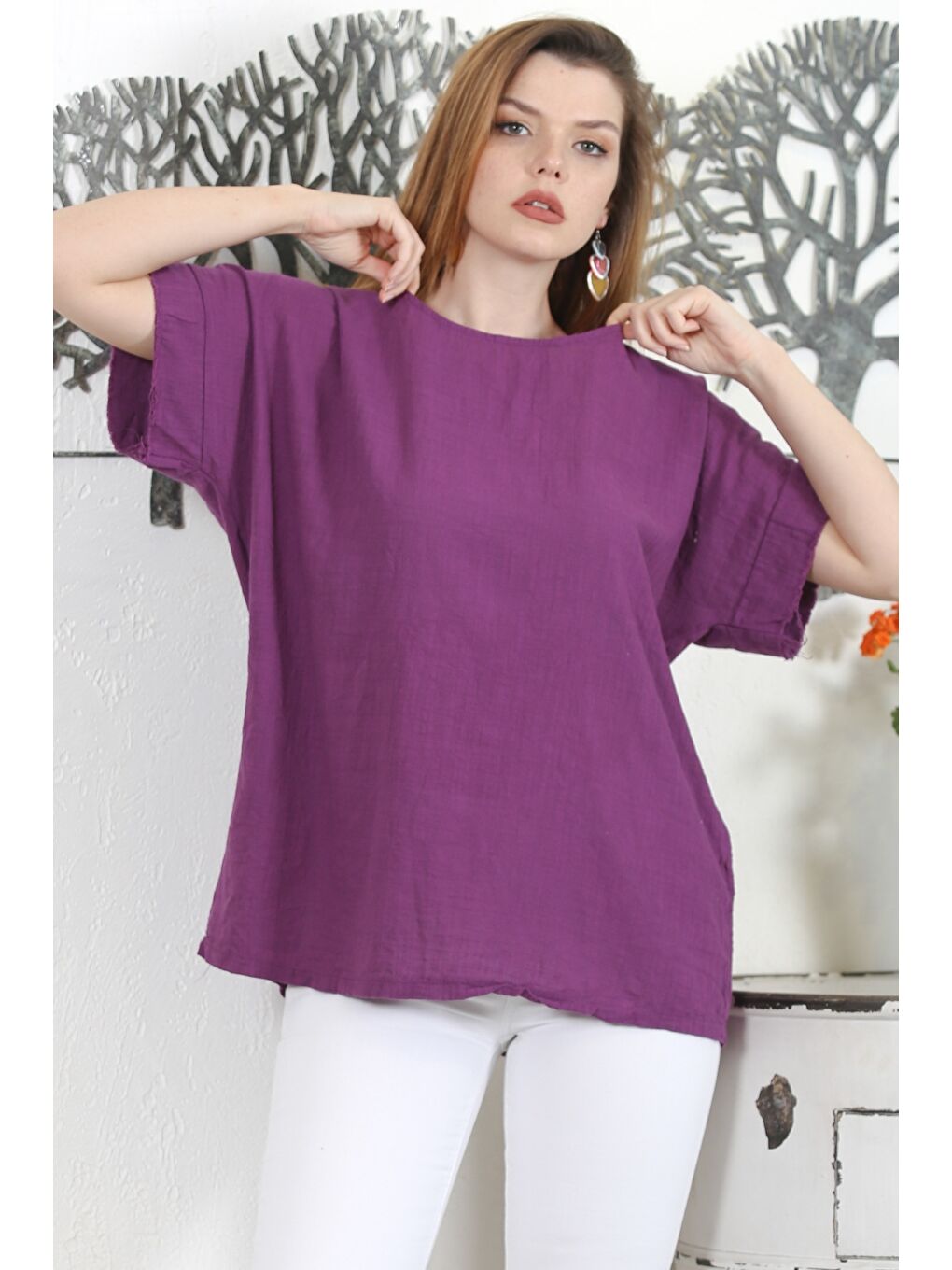 İtalyan Mor Havuz Yaka Düşük Kol Yıkamalı Dokuma Casual Bluz