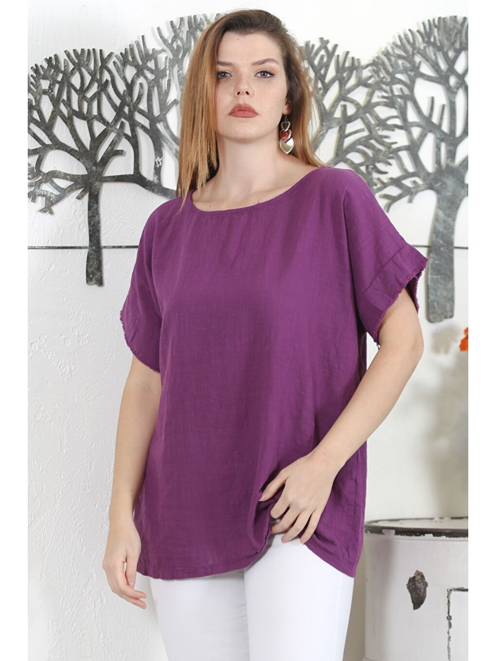 İtalyan Mor Havuz Yaka Düşük Kol Yıkamalı Dokuma Casual Bluz-1