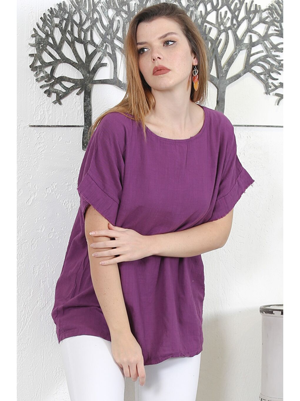 İtalyan Mor Havuz Yaka Düşük Kol Yıkamalı Dokuma Casual Bluz-2