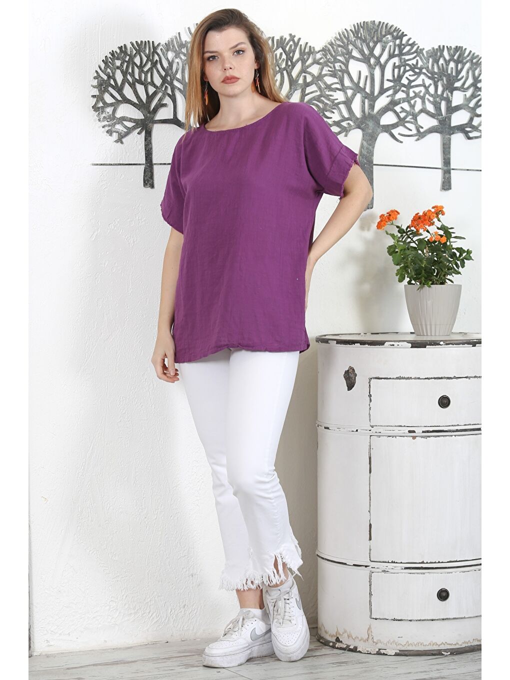 İtalyan Mor Havuz Yaka Düşük Kol Yıkamalı Dokuma Casual Bluz-4