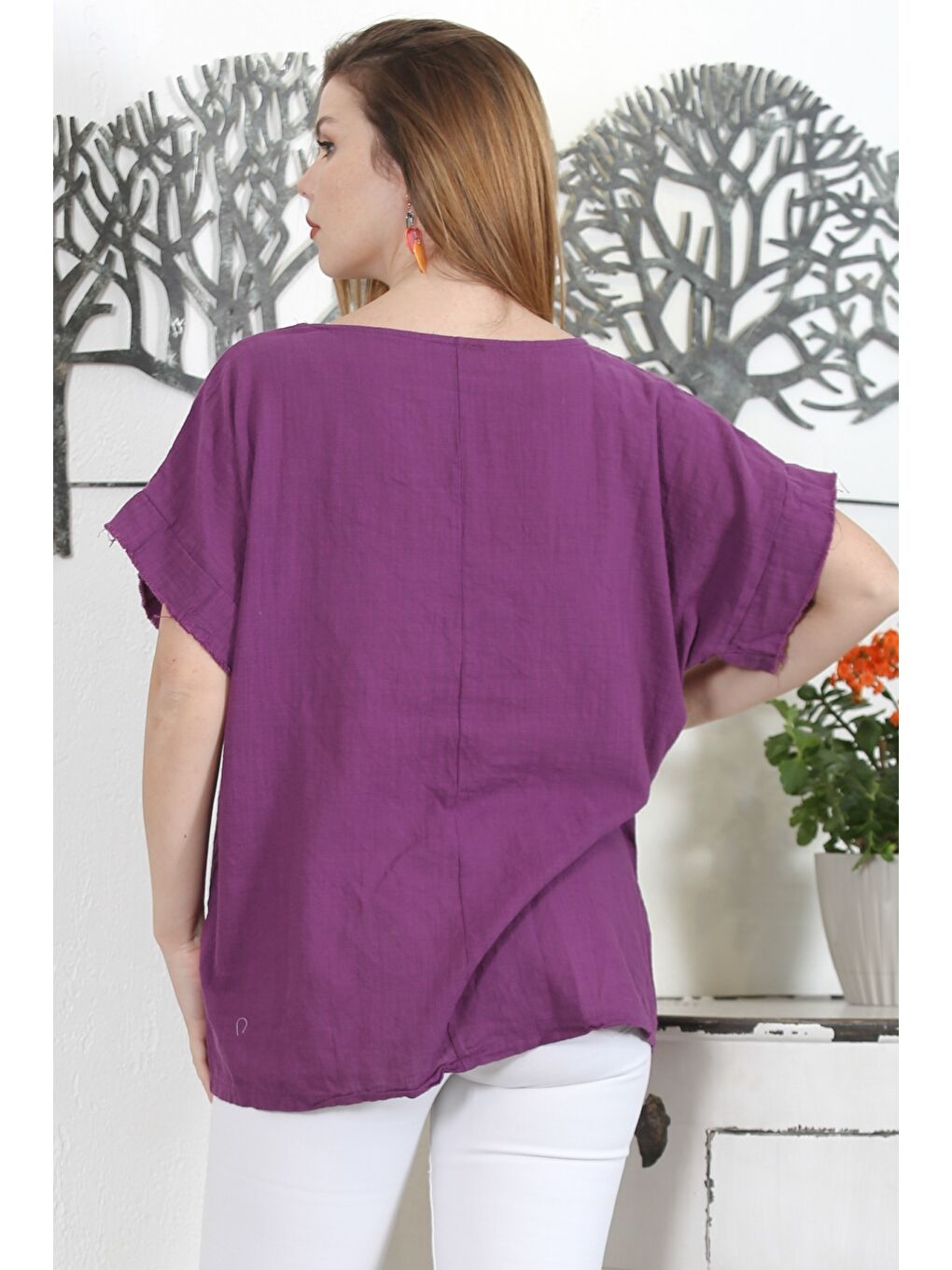 İtalyan Mor Havuz Yaka Düşük Kol Yıkamalı Dokuma Casual Bluz-5