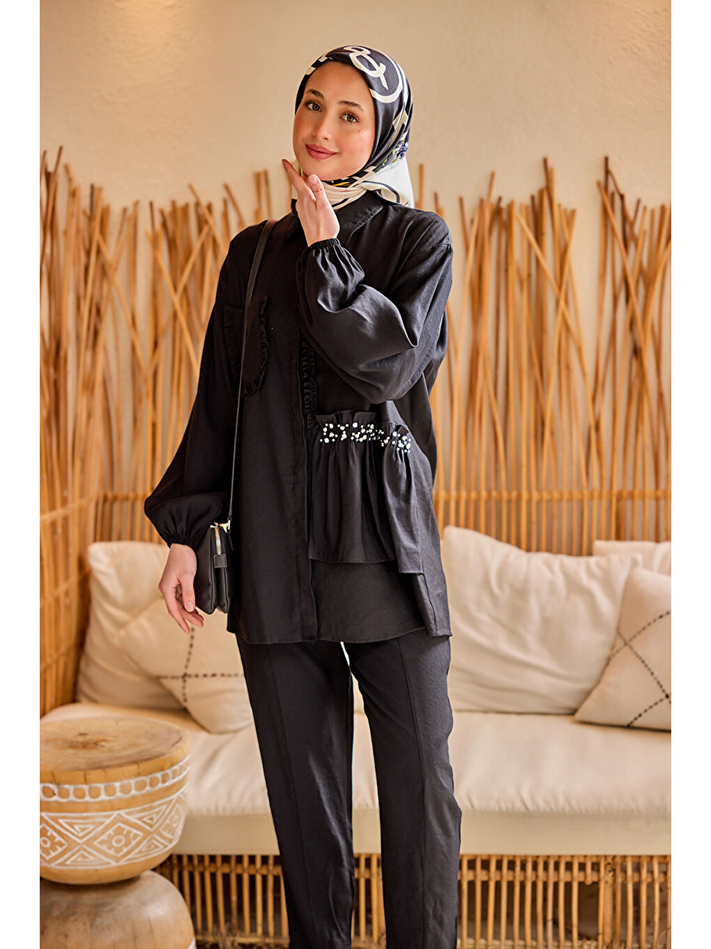 Kadın Cebi Taş Detaylı Takım Siyah-2