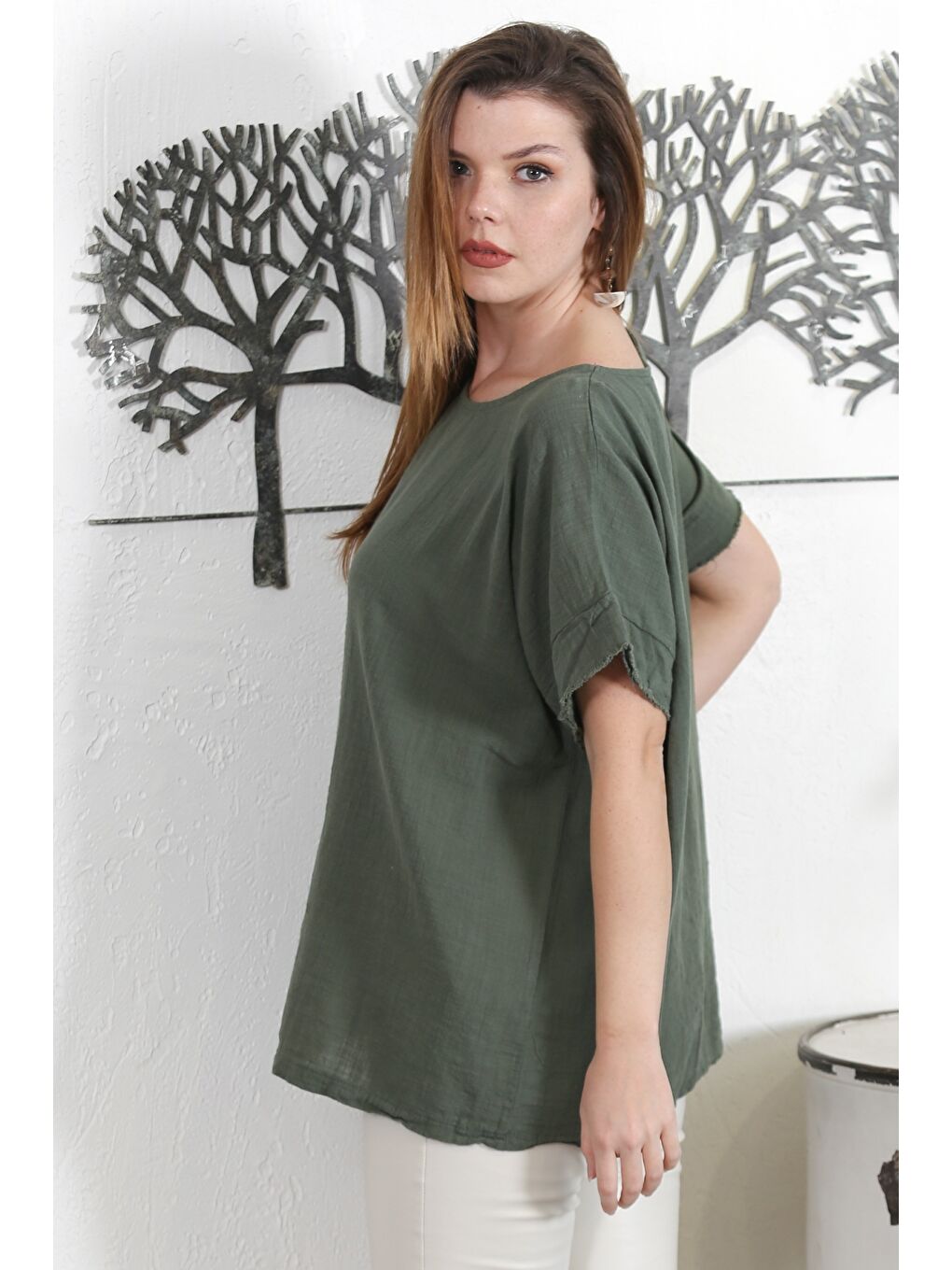 İtalyan Mor Havuz Yaka Düşük Kol Yıkamalı Dokuma Casual Bluz-6