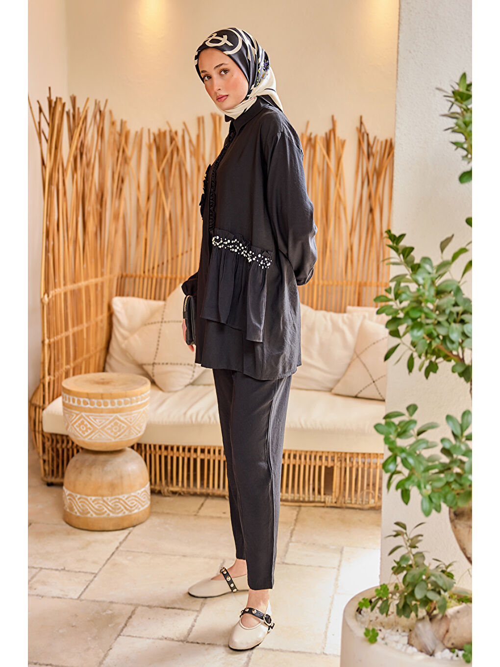Kadın Cebi Taş Detaylı Takım Siyah-3