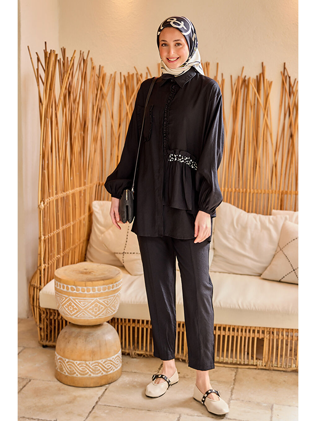 Kadın Cebi Taş Detaylı Takım Siyah-4