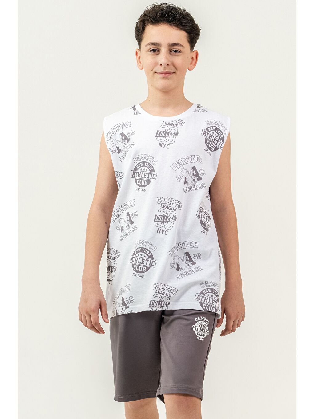 Gri Üst Atlet Tüm Alan Baskılı Alt Kapri Sol Bacak Baskılı Erkek Çocuk Şort - Atlet Takımı