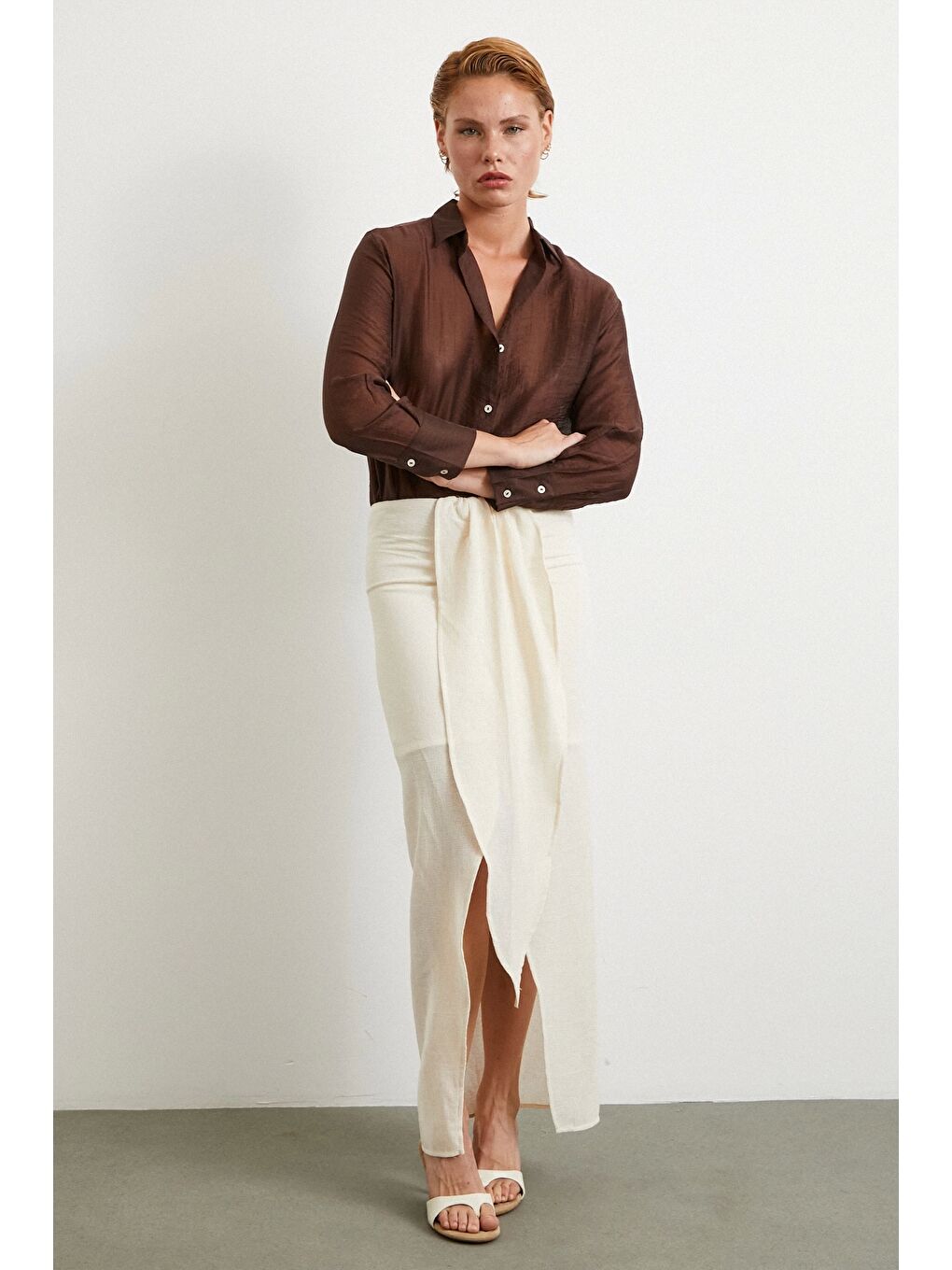 Ekru Önü Bağlamalı Etek Krem-2