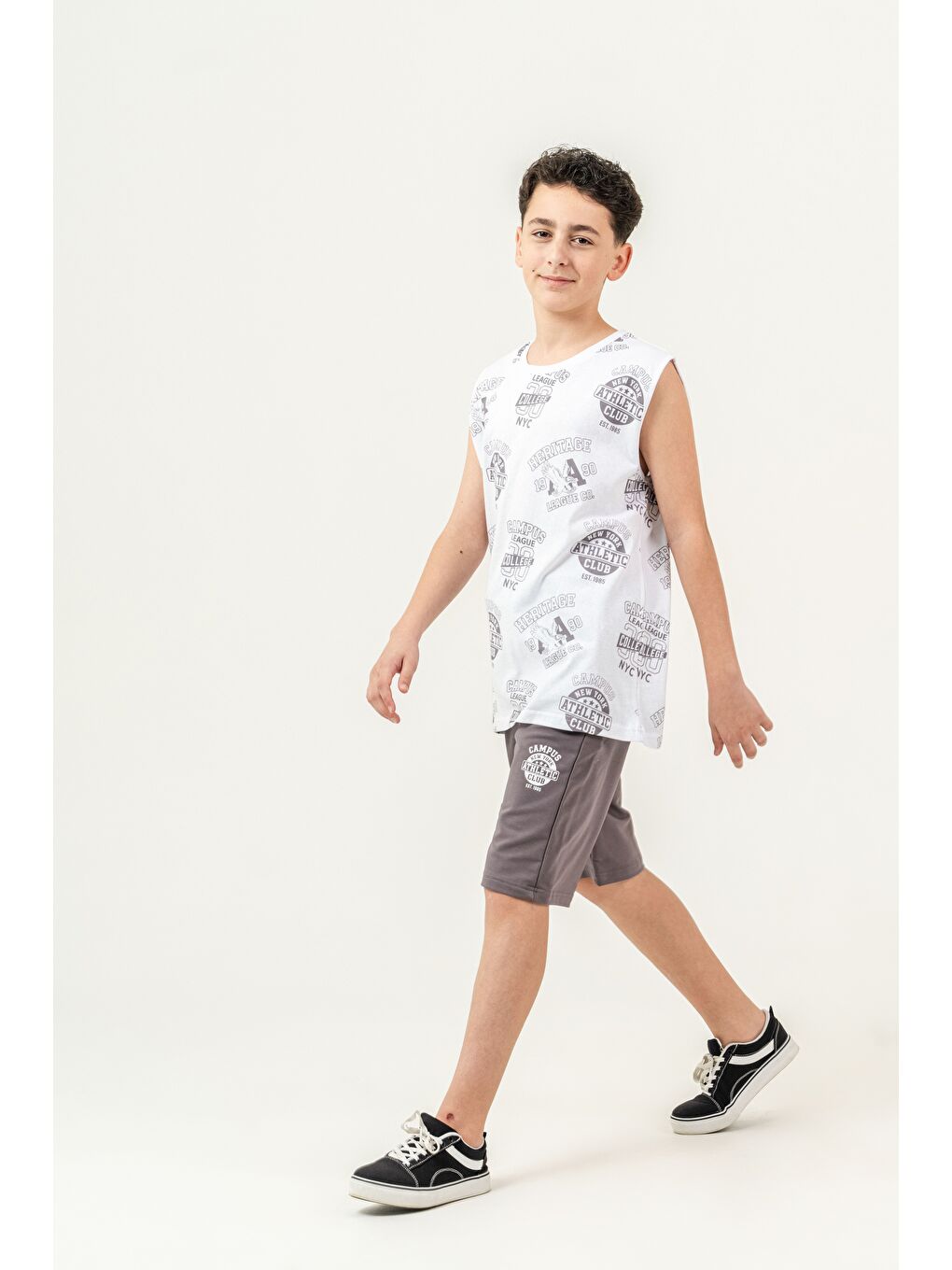 Gri Üst Atlet Tüm Alan Baskılı Alt Kapri Sol Bacak Baskılı Erkek Çocuk Şort - Atlet Takımı-2