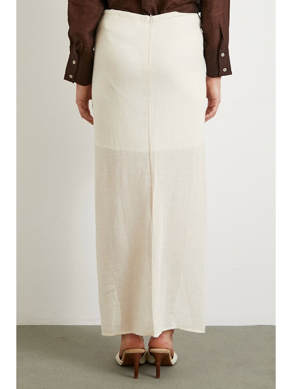 Ekru Önü Bağlamalı Etek Krem-5