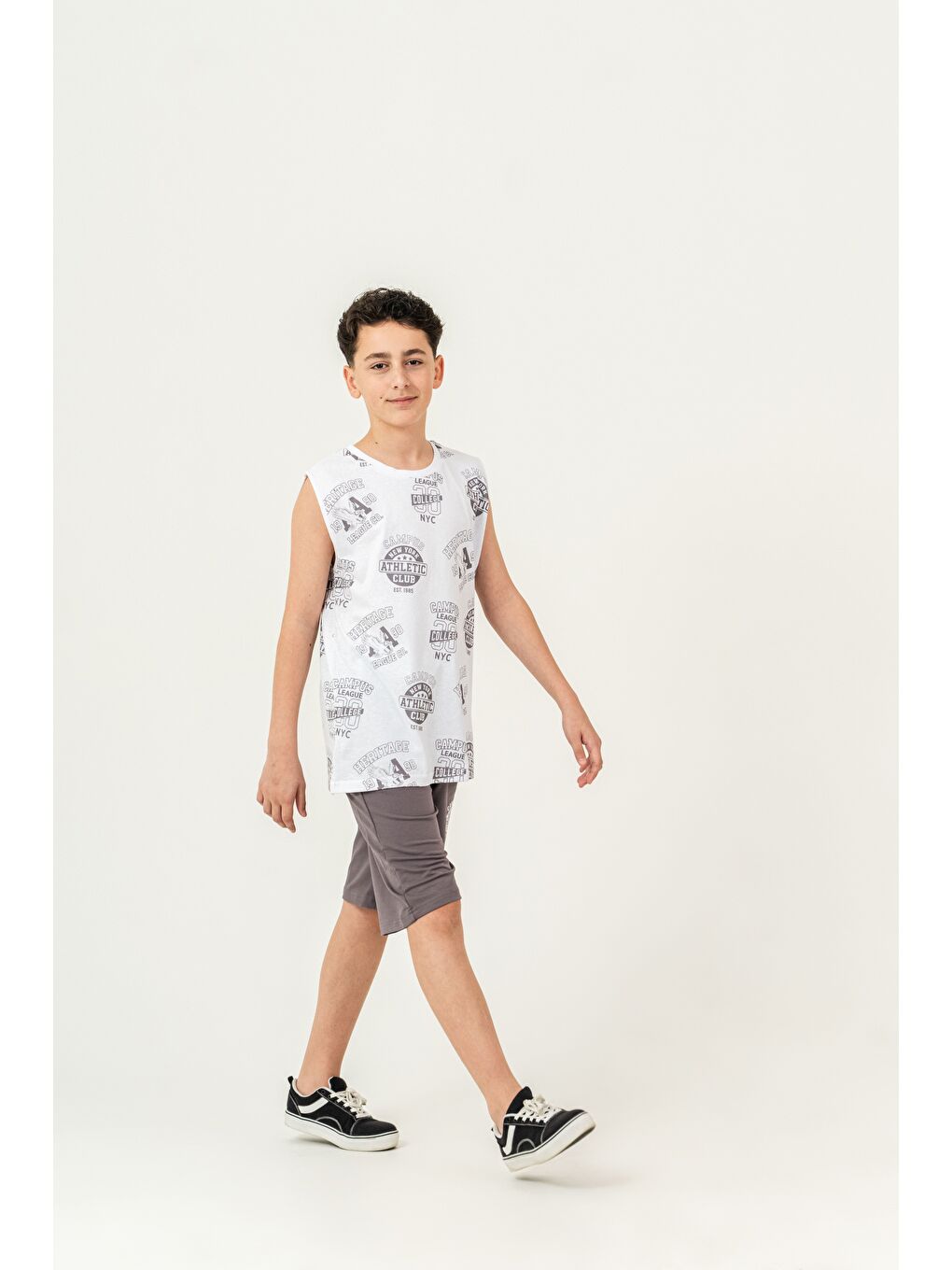 Gri Üst Atlet Tüm Alan Baskılı Alt Kapri Sol Bacak Baskılı Erkek Çocuk Şort - Atlet Takımı-3