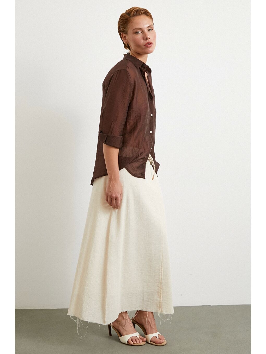 Ekru Beli Lastikli Astarlı Hasır Etek Krem-1